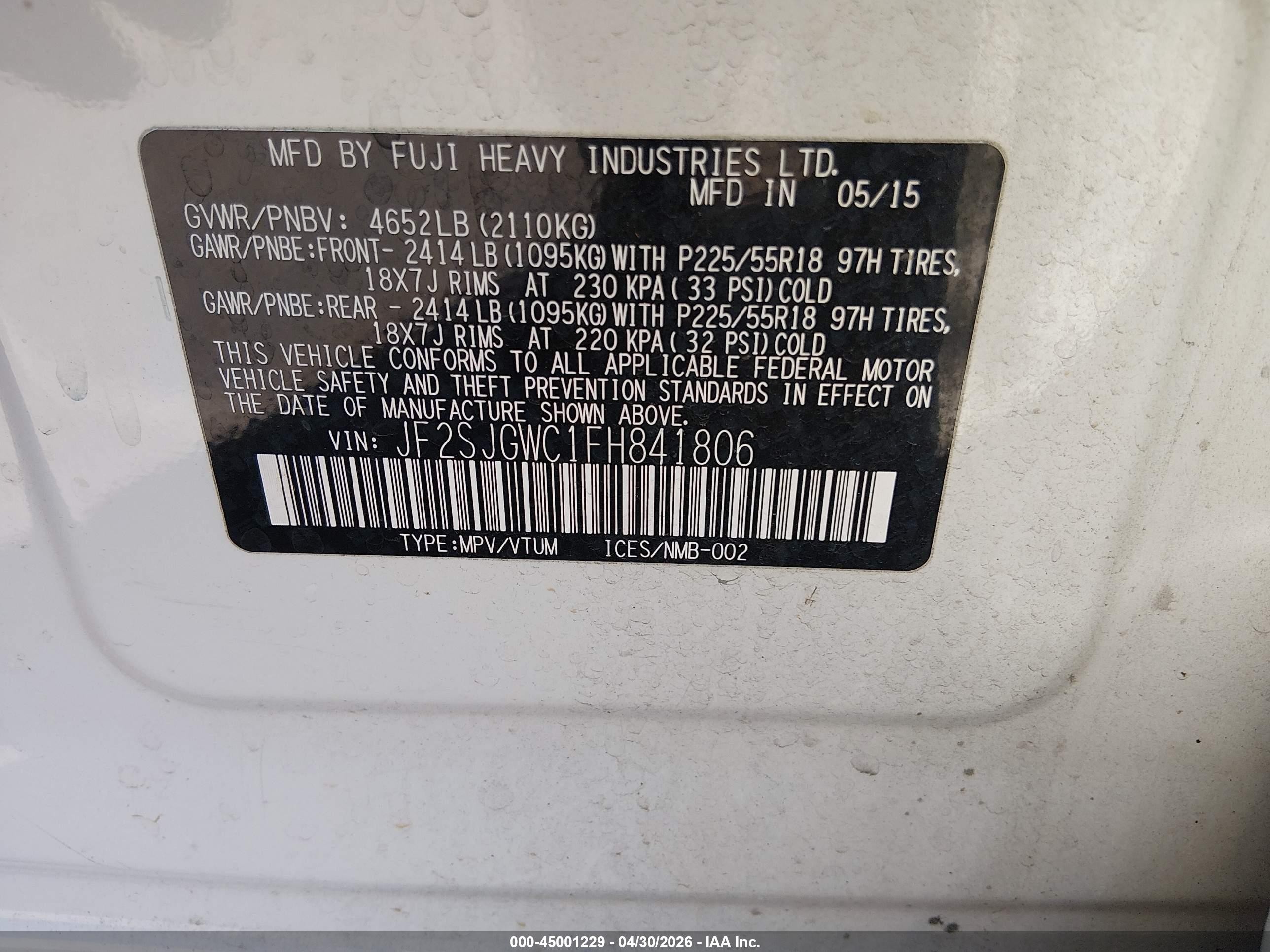 2015 Subaru Forester 2.0xt Touring White vin: JF2SJGWC1FH841806