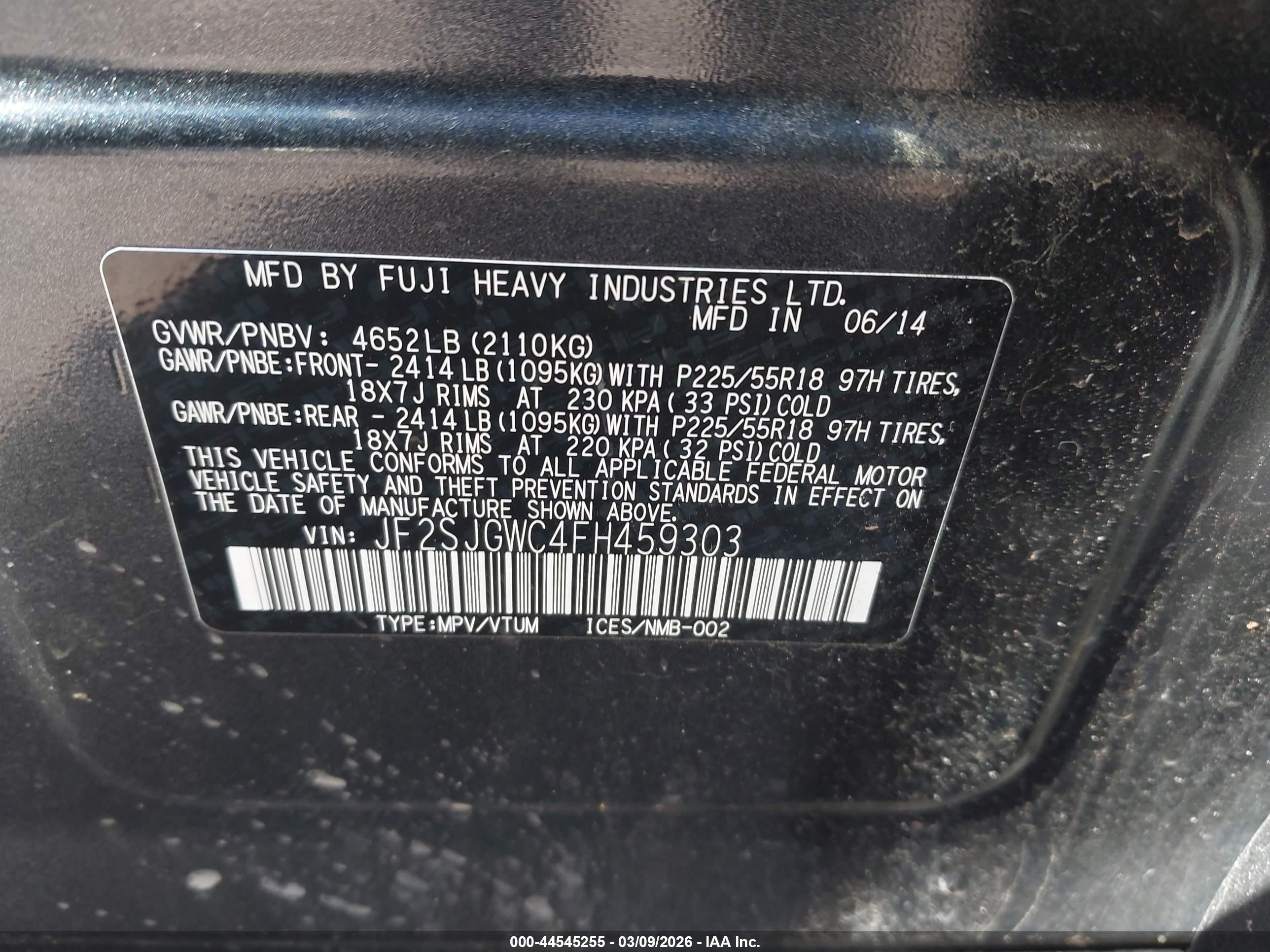 2015 Subaru Forester 2.0xt Touring Black vin: JF2SJGWC4FH459303