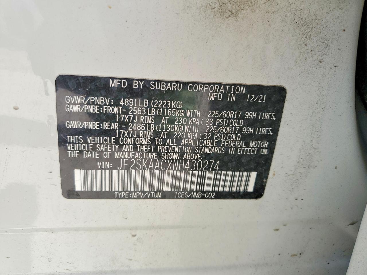 2022 Subaru Forester White vin: JF2SKAACXNH430274