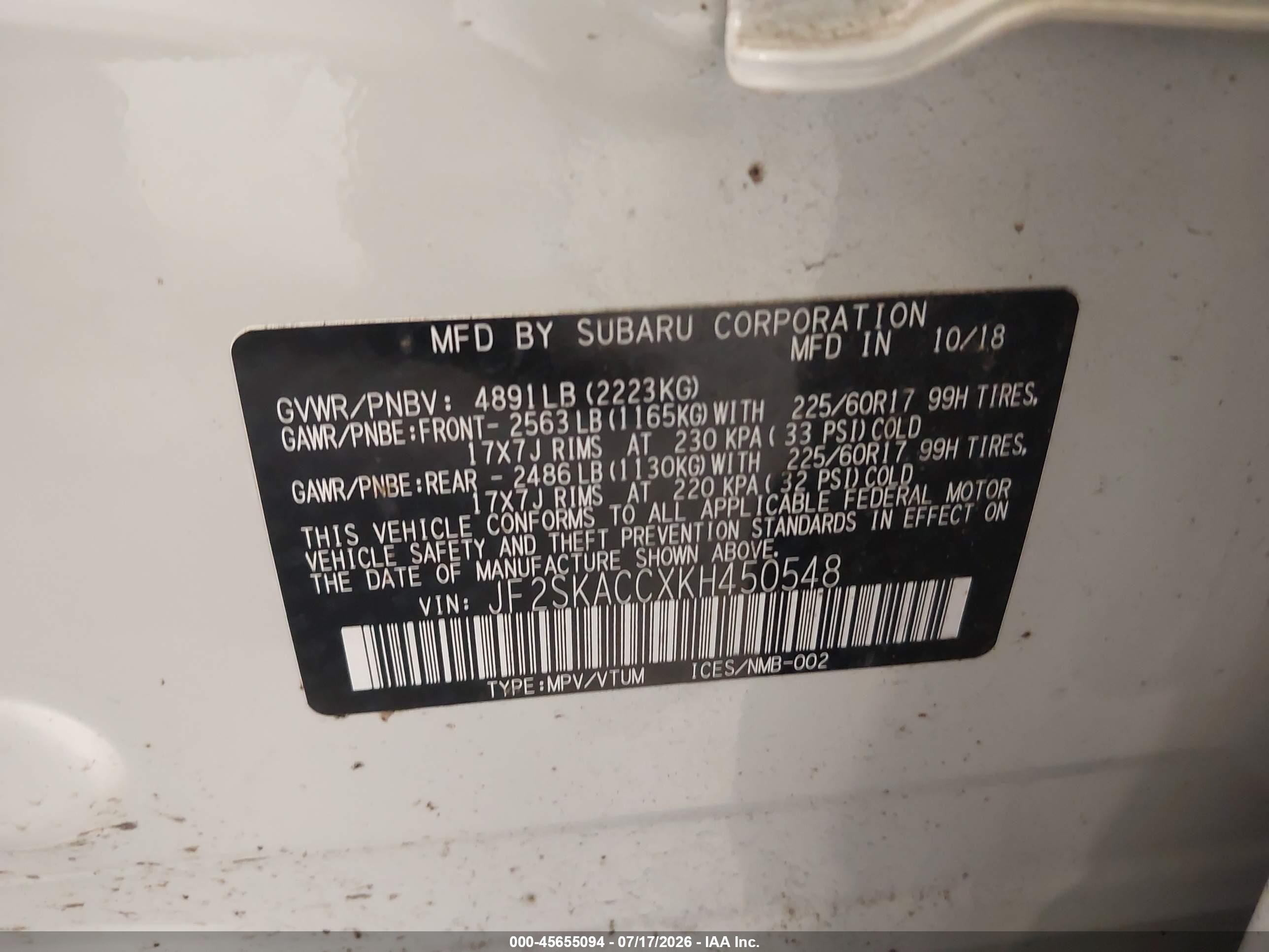 2019 Subaru Forester   White vin: JF2SKACCXKH450548