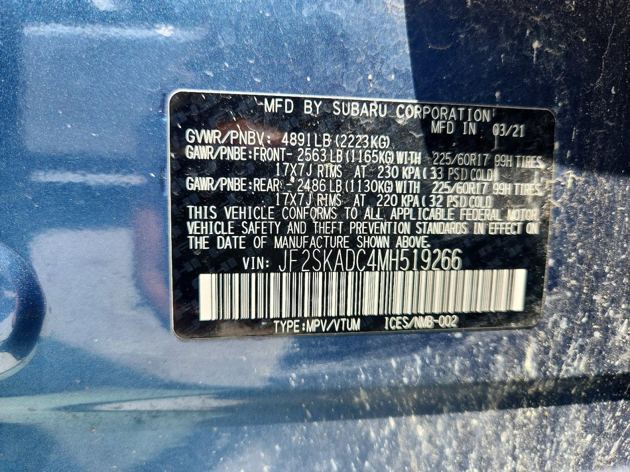 2021 Subaru Forester Blue vin: JF2SKADC4MH519266