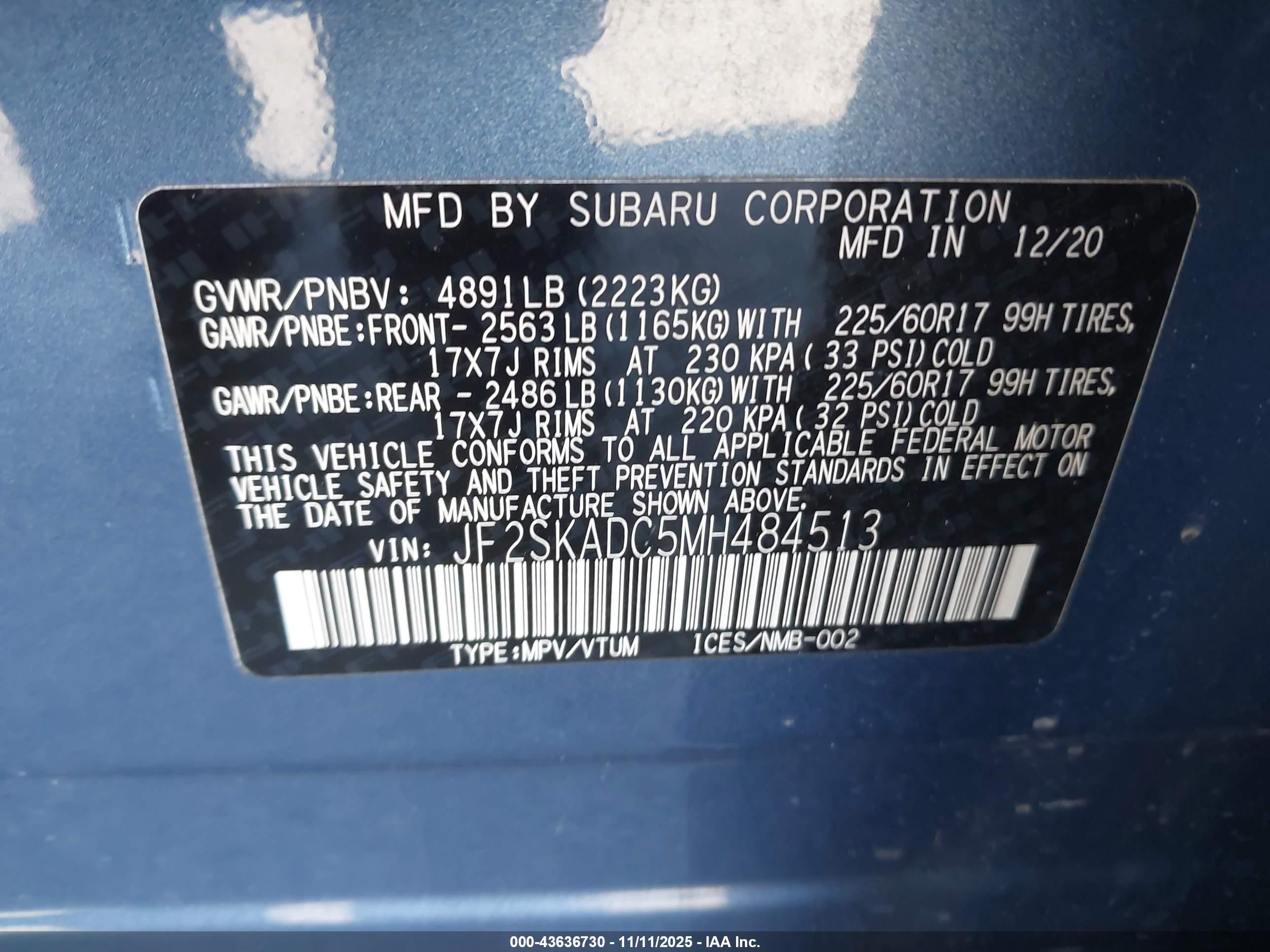 2021 Subaru Forester   Синий vin: JF2SKADC5MH484513