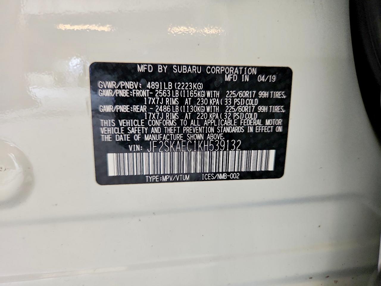 2019 Subaru Forester Premium White vin: JF2SKAEC1KH539132