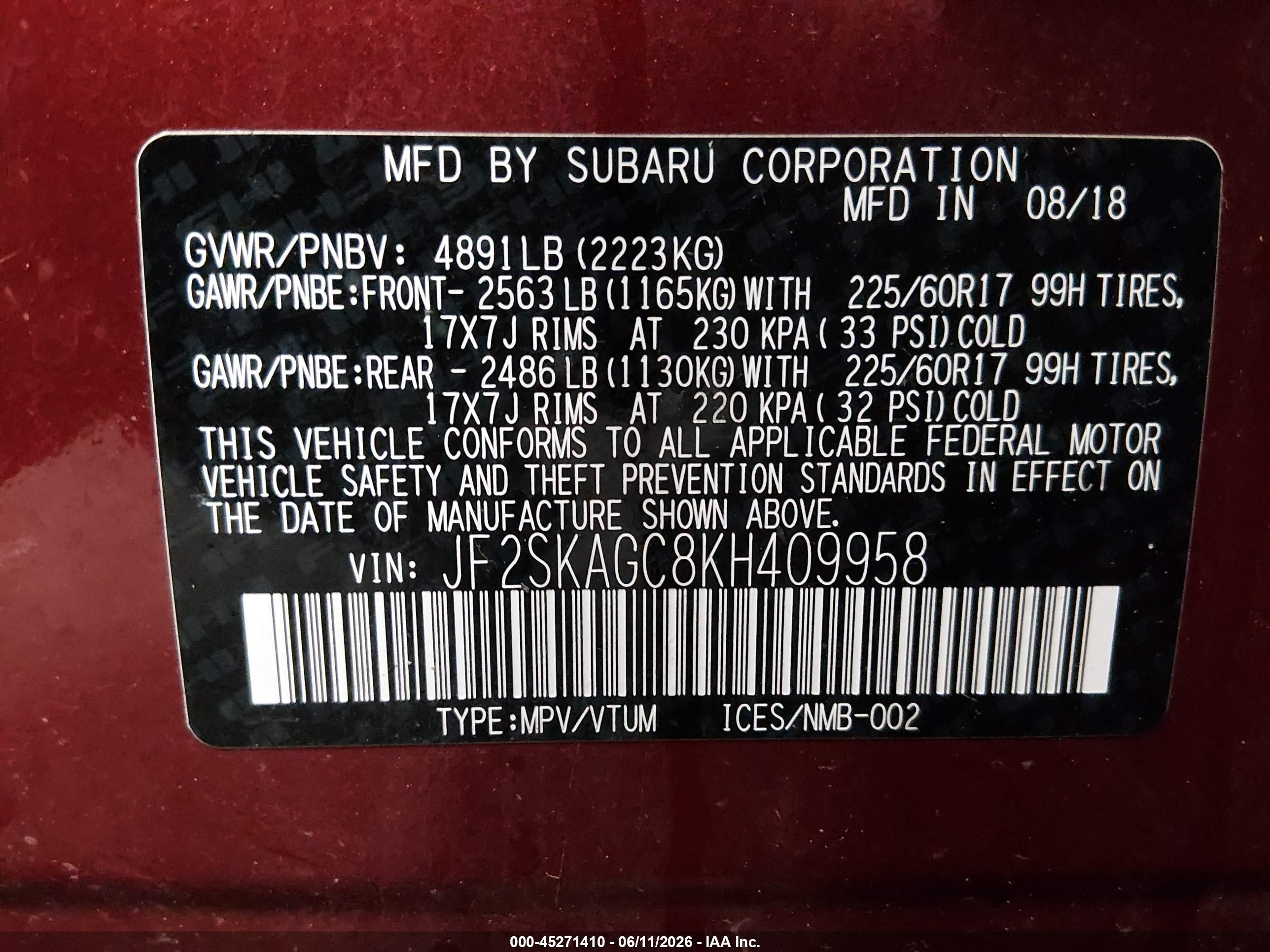 2019 Subaru Forester Premium Red vin: JF2SKAGC8KH409958