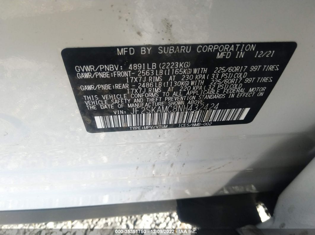 2022 Subaru Forester Wilderness White vin: JF2SKAMC8NH432424
