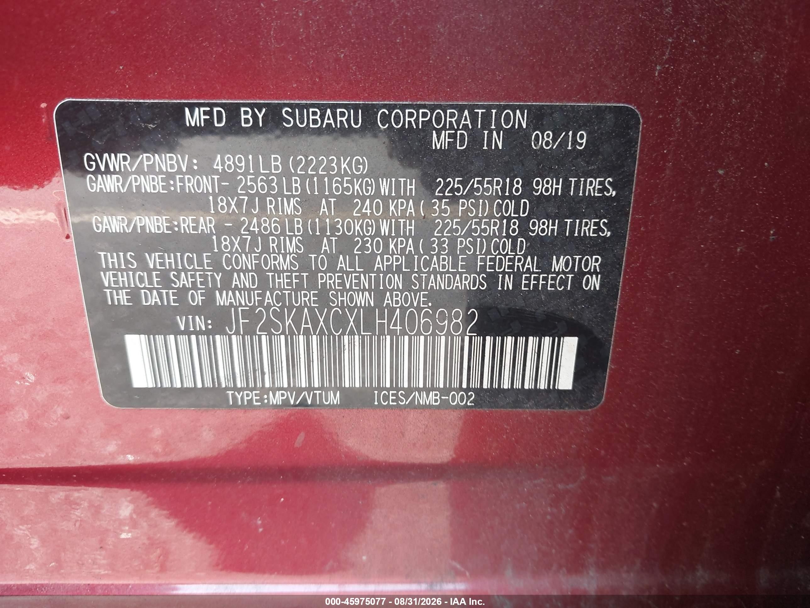 2020 Subaru Forester Touring Burgundy vin: JF2SKAXCXLH406982