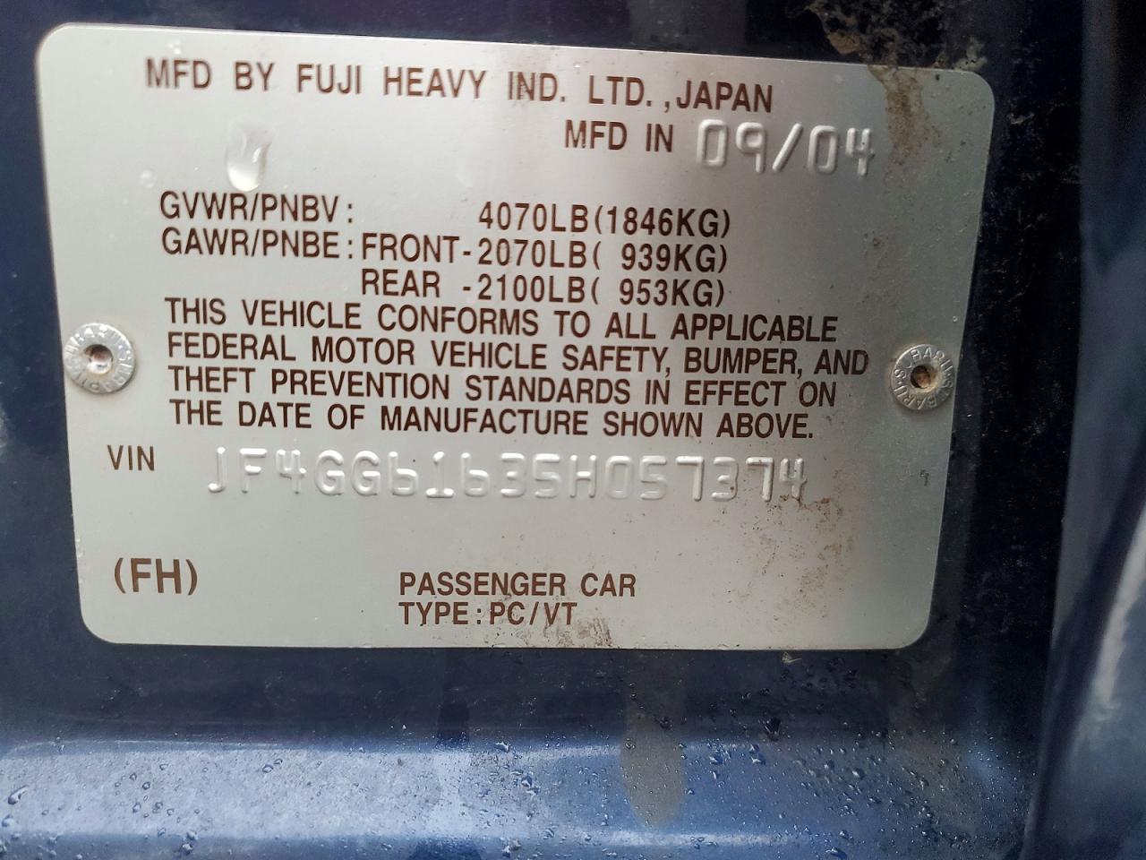 2005 Saab 9-2 Linear Blue vin: JF4GG61635H057374
