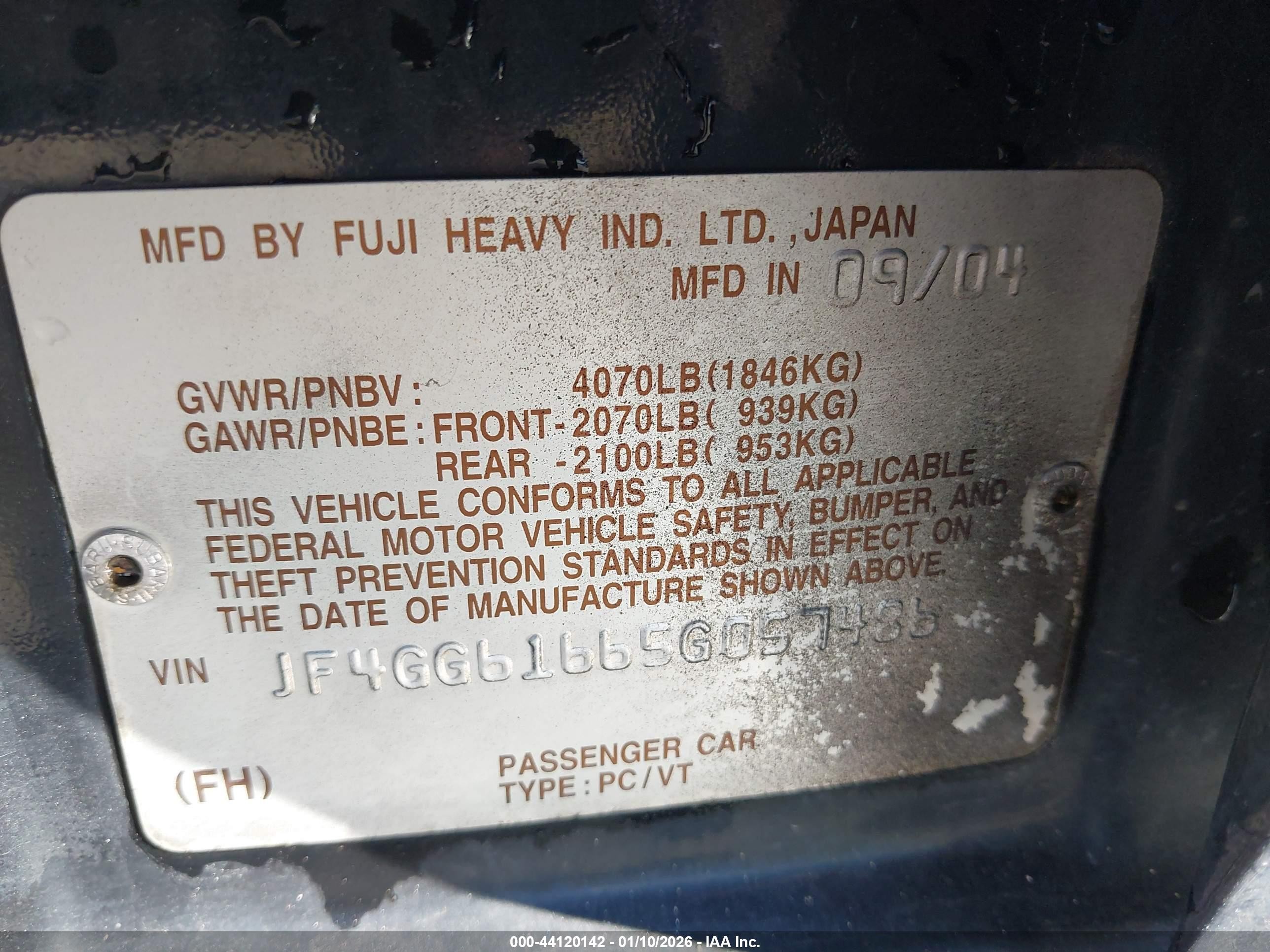 2005 Saab 9-2x Linear Black vin: JF4GG61665G057486