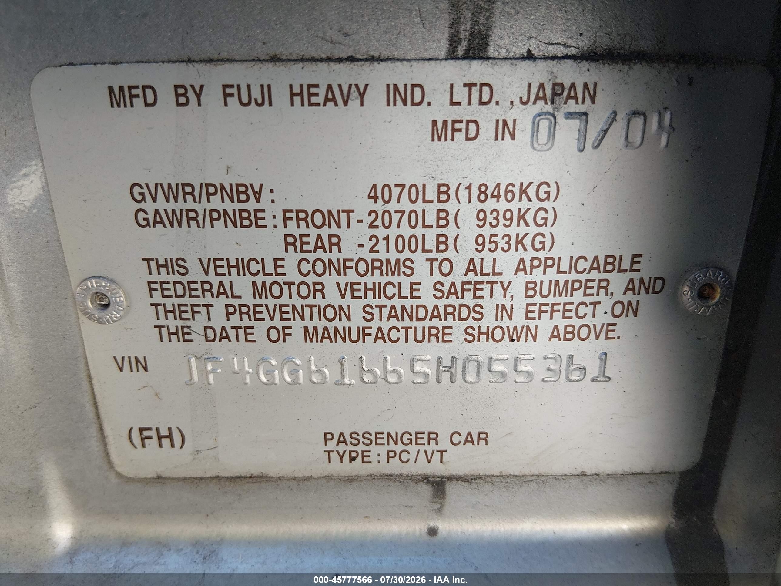 2005 Saab 9-2x Linear Серебряный vin: JF4GG61665H055361