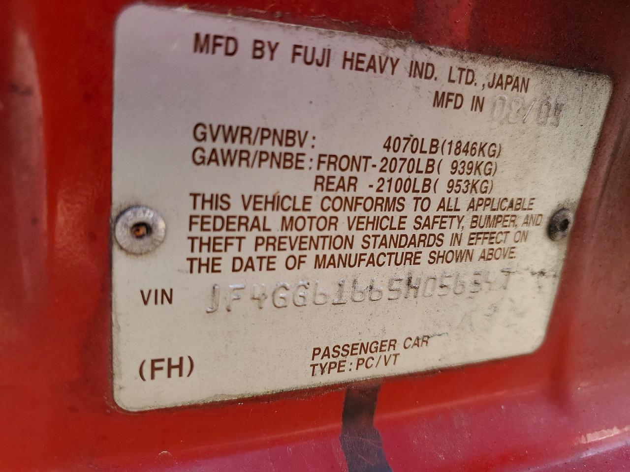 2005 Saab 9-2 Linear Red vin: JF4GG61665H056347