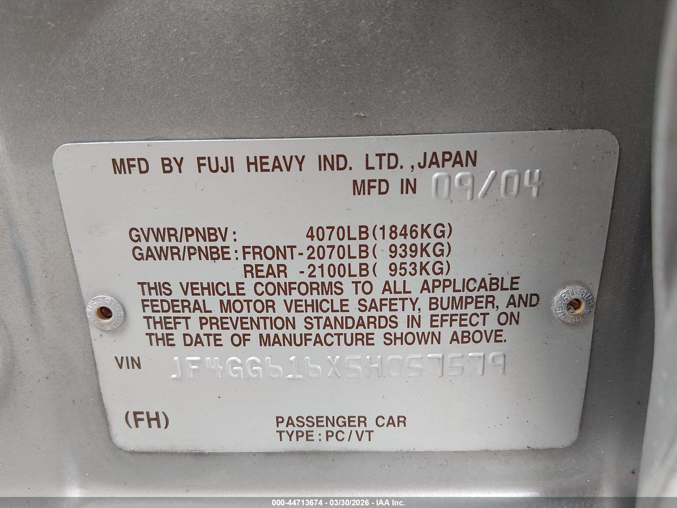 2005 Saab 9-2x Linear Silver vin: JF4GG616X5H057579
