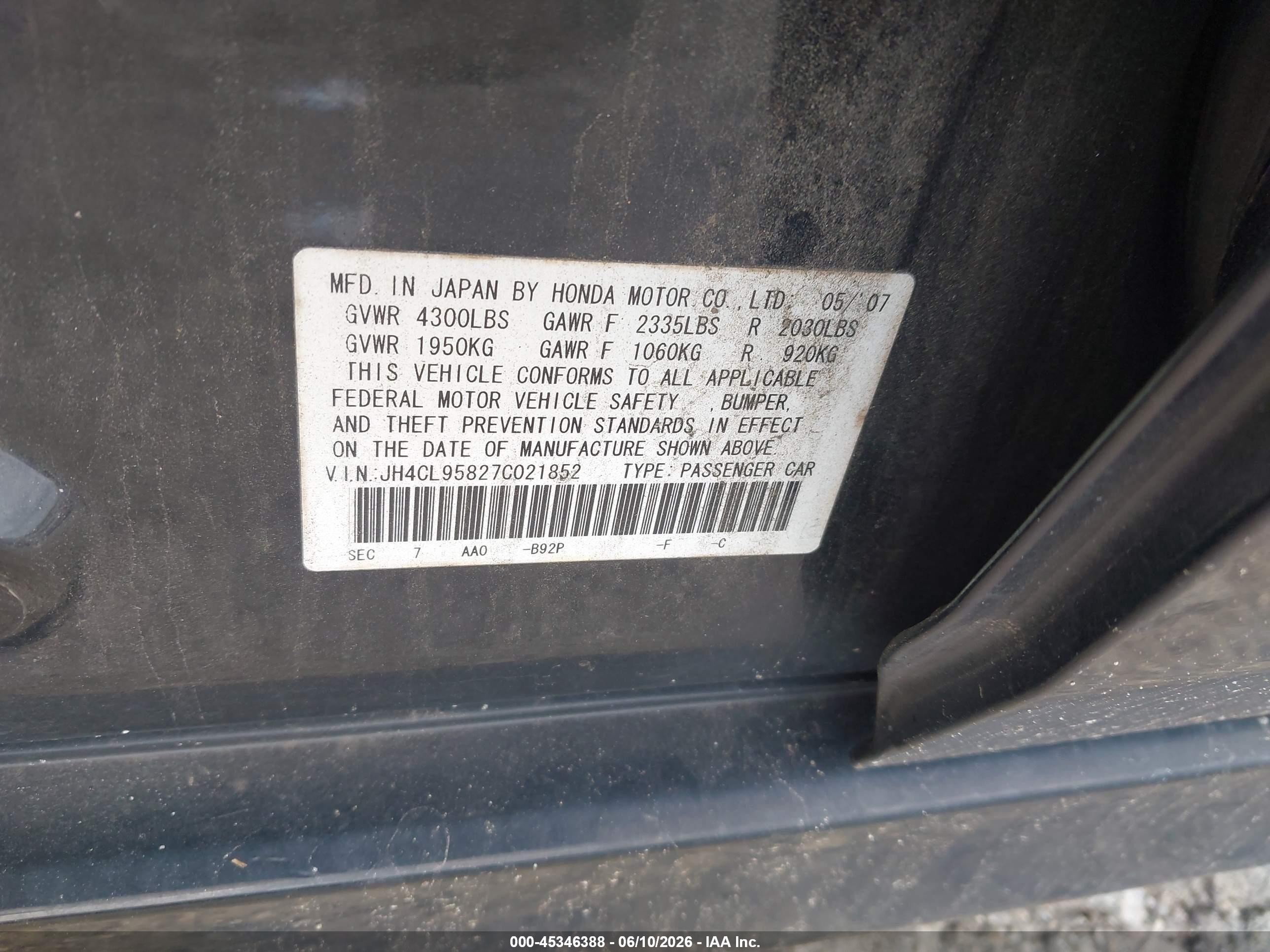 2007 Acura Tsx   Black vin: JH4CL95827C021852