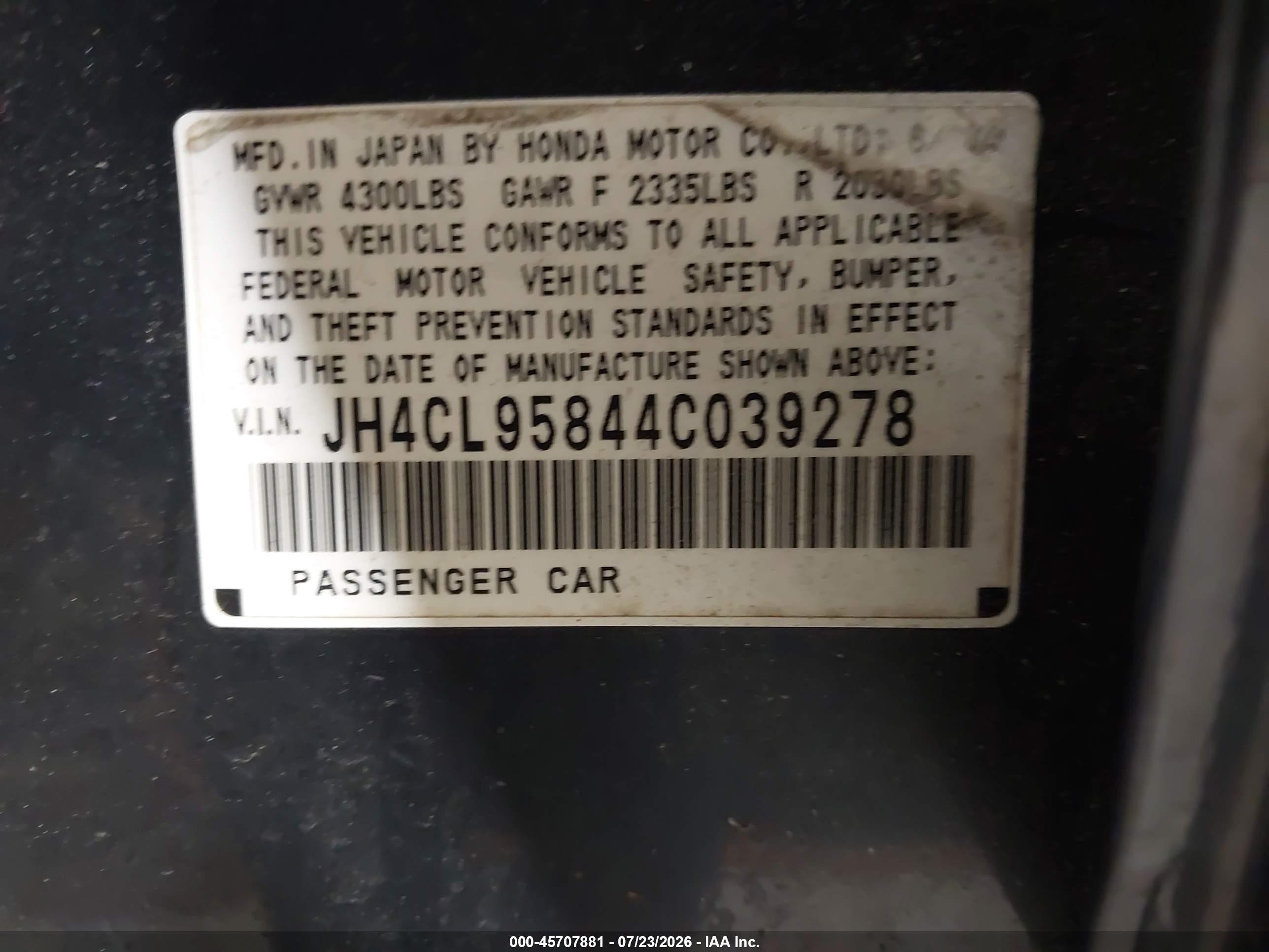 2004 Acura Tsx Blue vin: JH4CL95844C039278