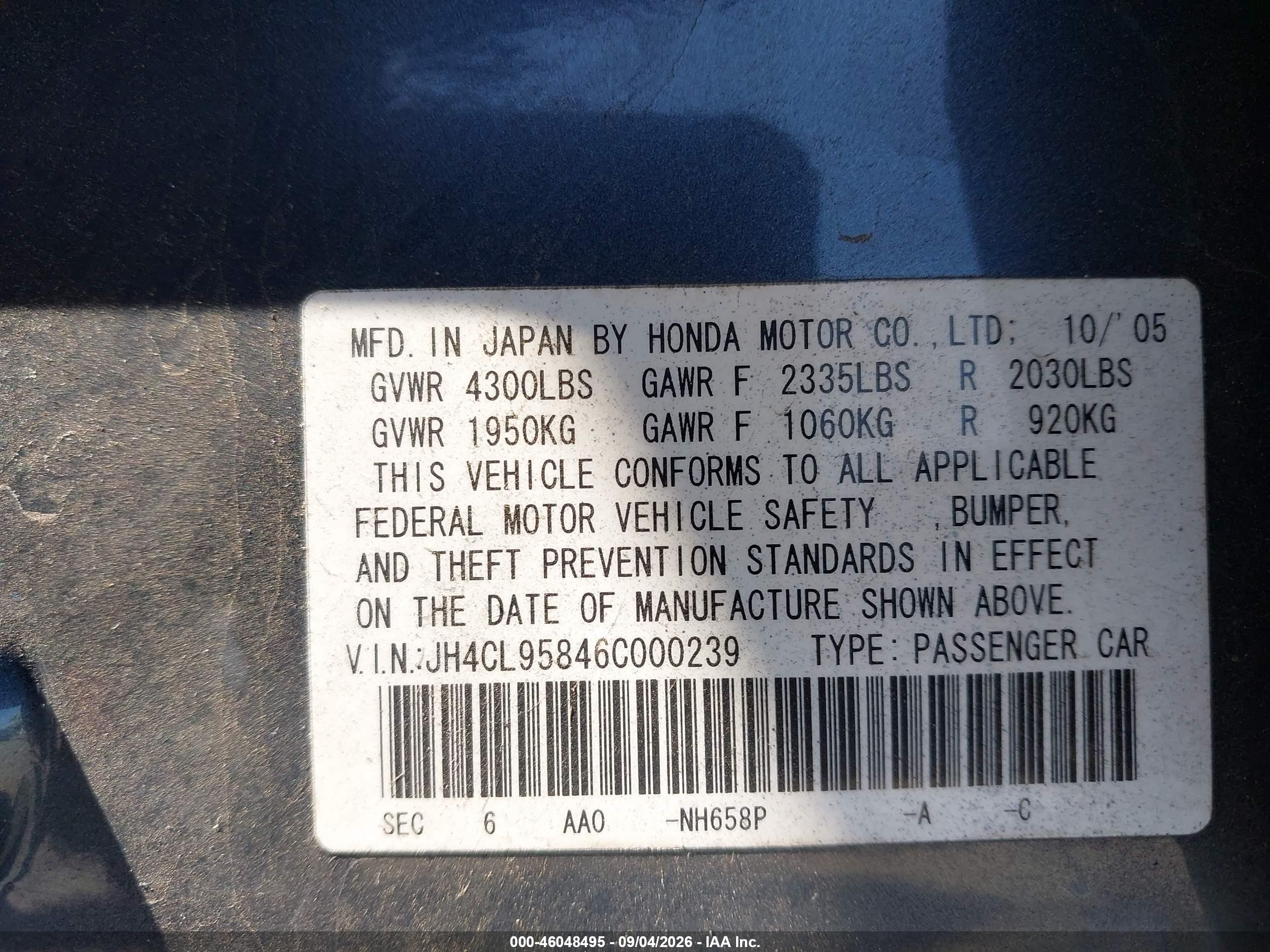 2006 Acura Tsx Blue vin: JH4CL95846C000239