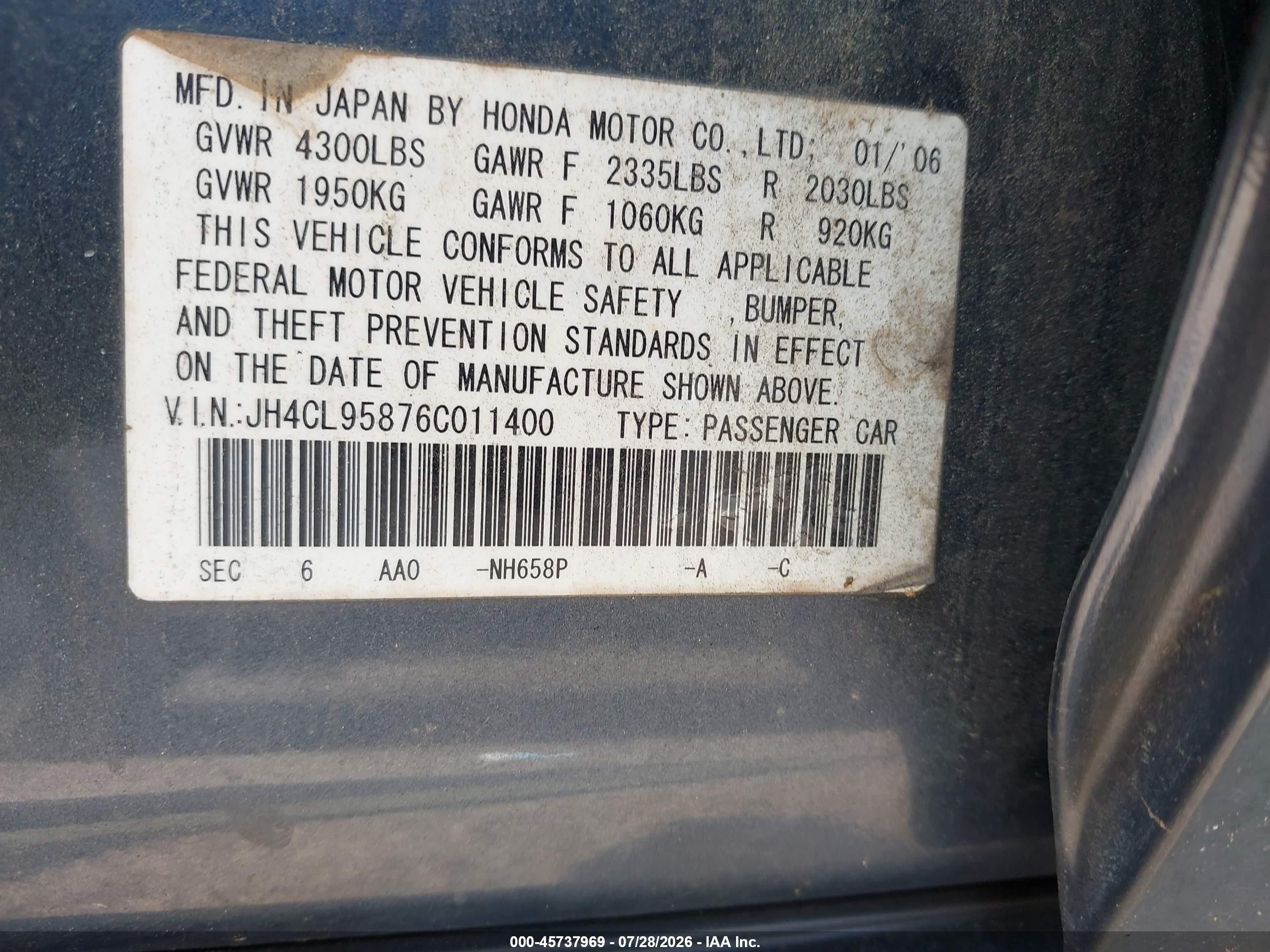 2006 Acura Tsx   Gray vin: JH4CL95876C011400