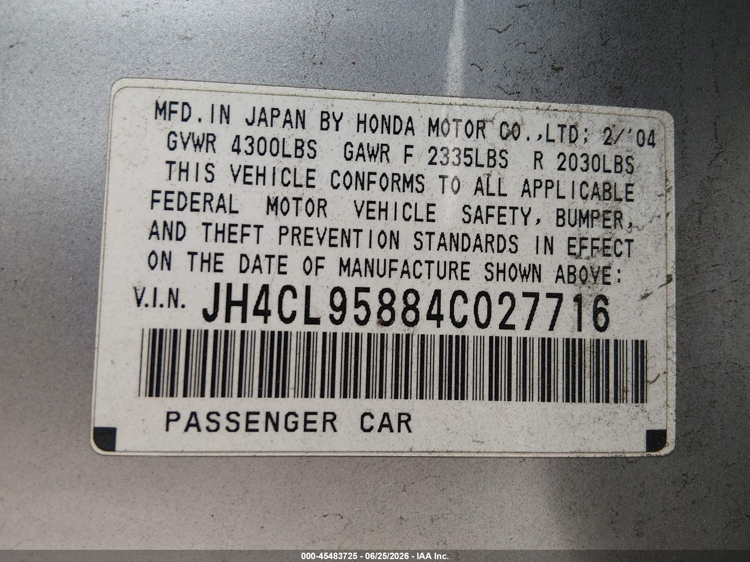 2004 Acura Tsx   Silver vin: JH4CL95884C027716