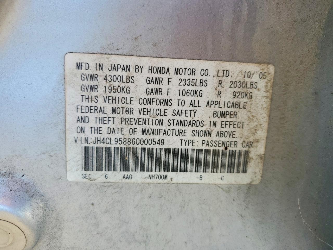 2006 Acura Tsx Серебряный vin: JH4CL95886C000549