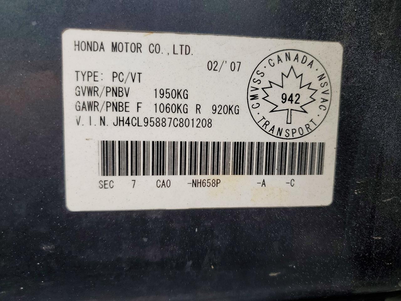 2007 Acura Tsx Charcoal vin: JH4CL95887C801208