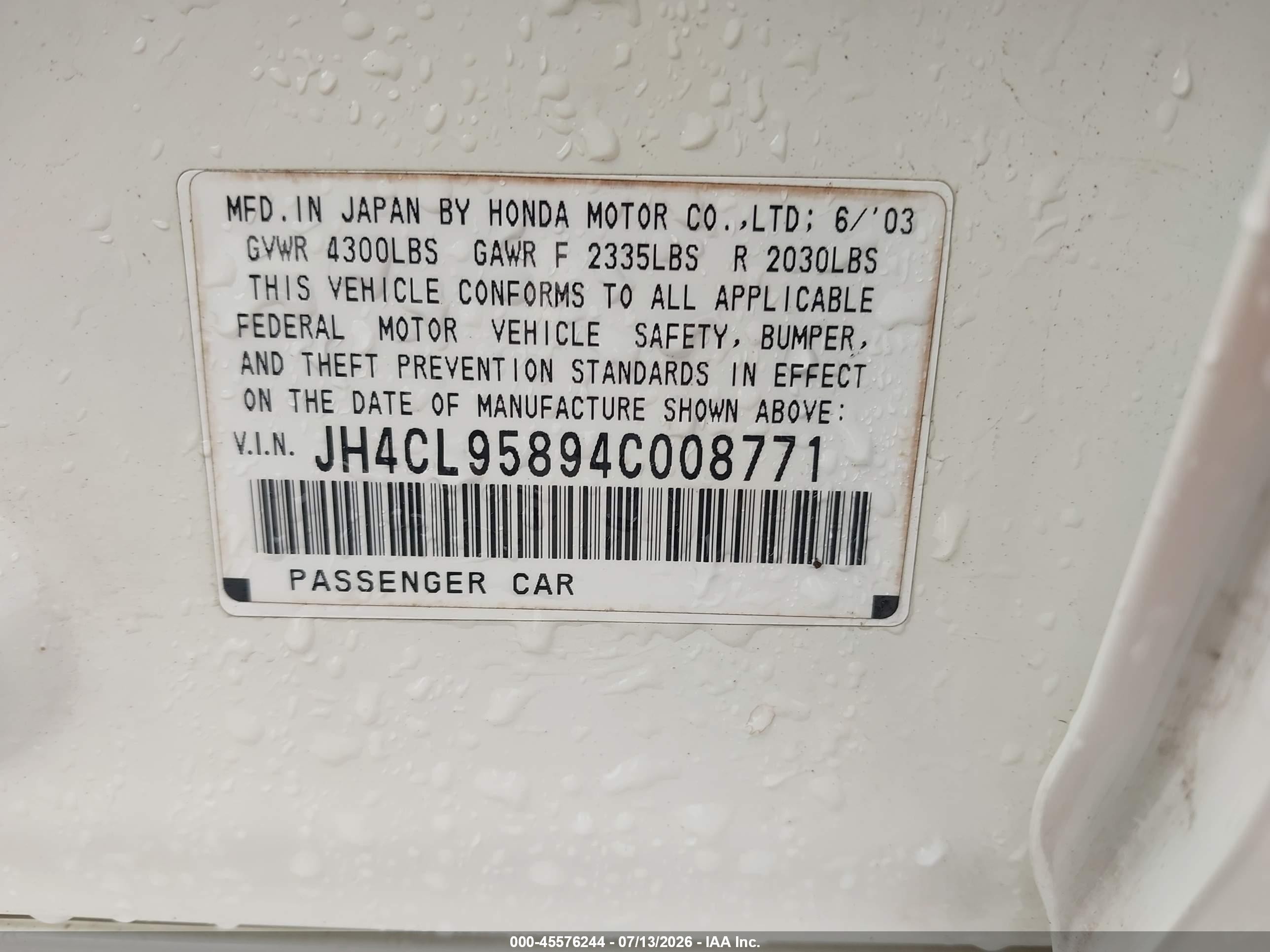 2004 Acura Tsx   White vin: JH4CL95894C008771