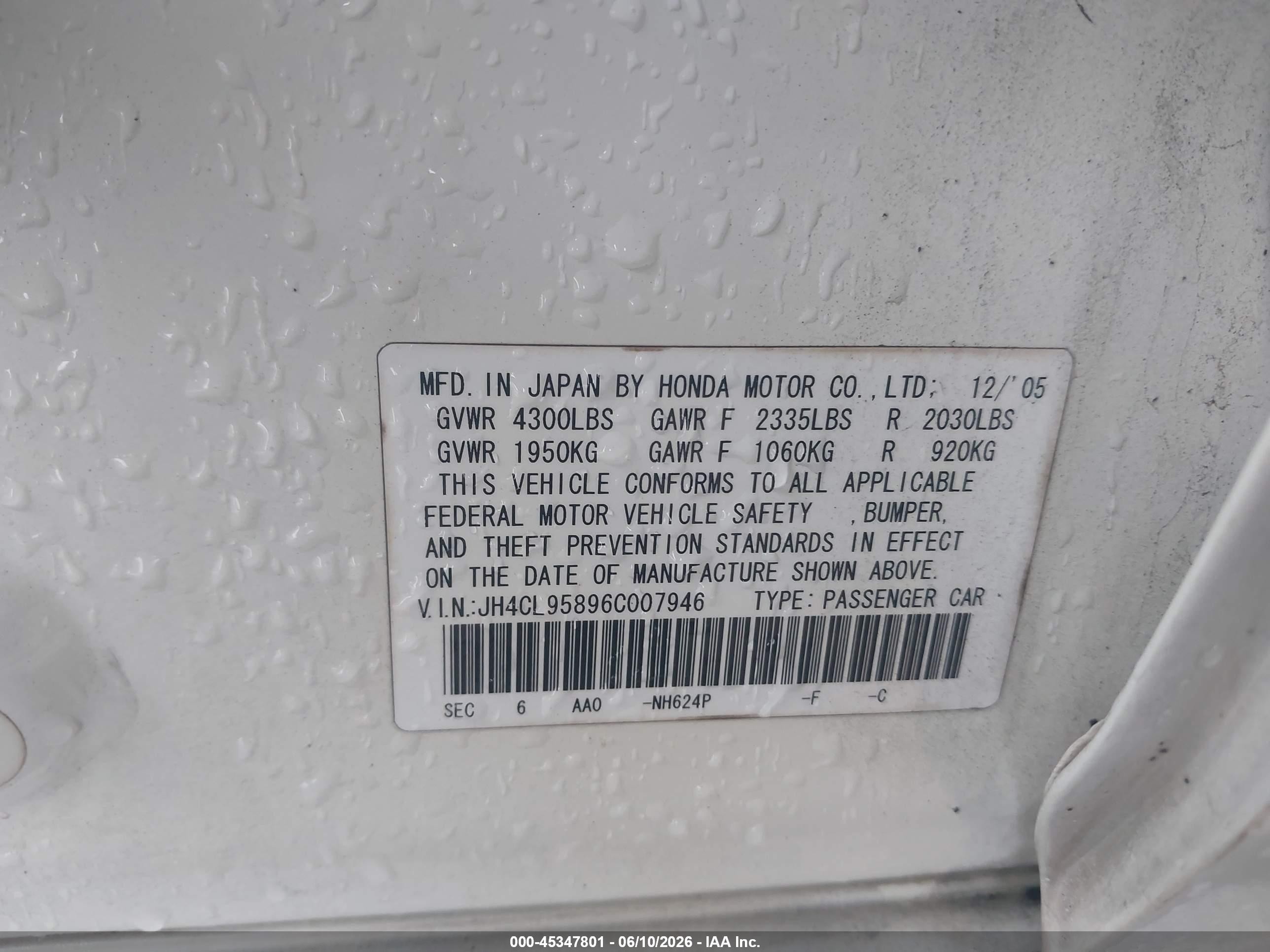 2006 Acura Tsx   White vin: JH4CL95896C007946