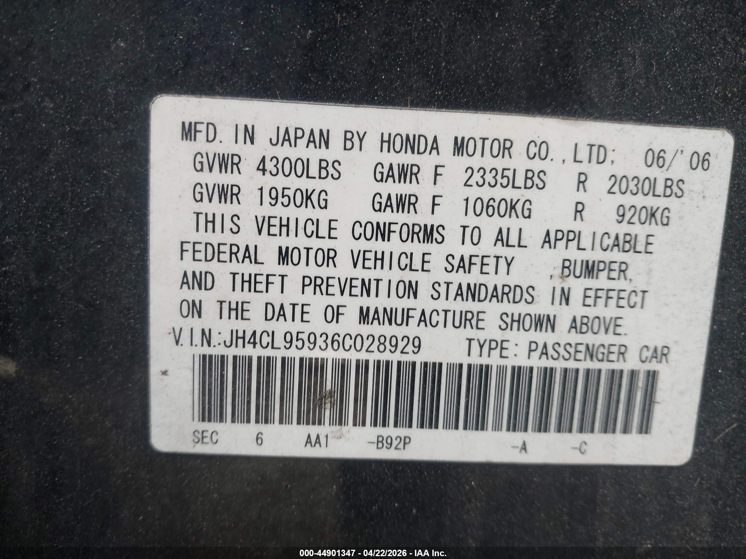 2006 Acura Tsx   Black vin: JH4CL95936C028929