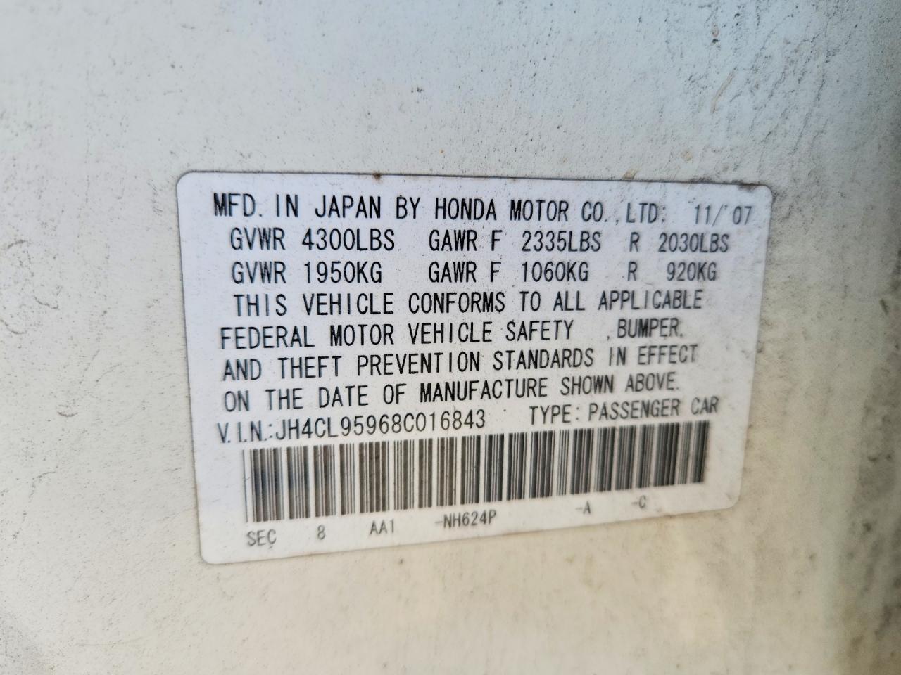 2008 Acura Tsx White vin: JH4CL95968C016843