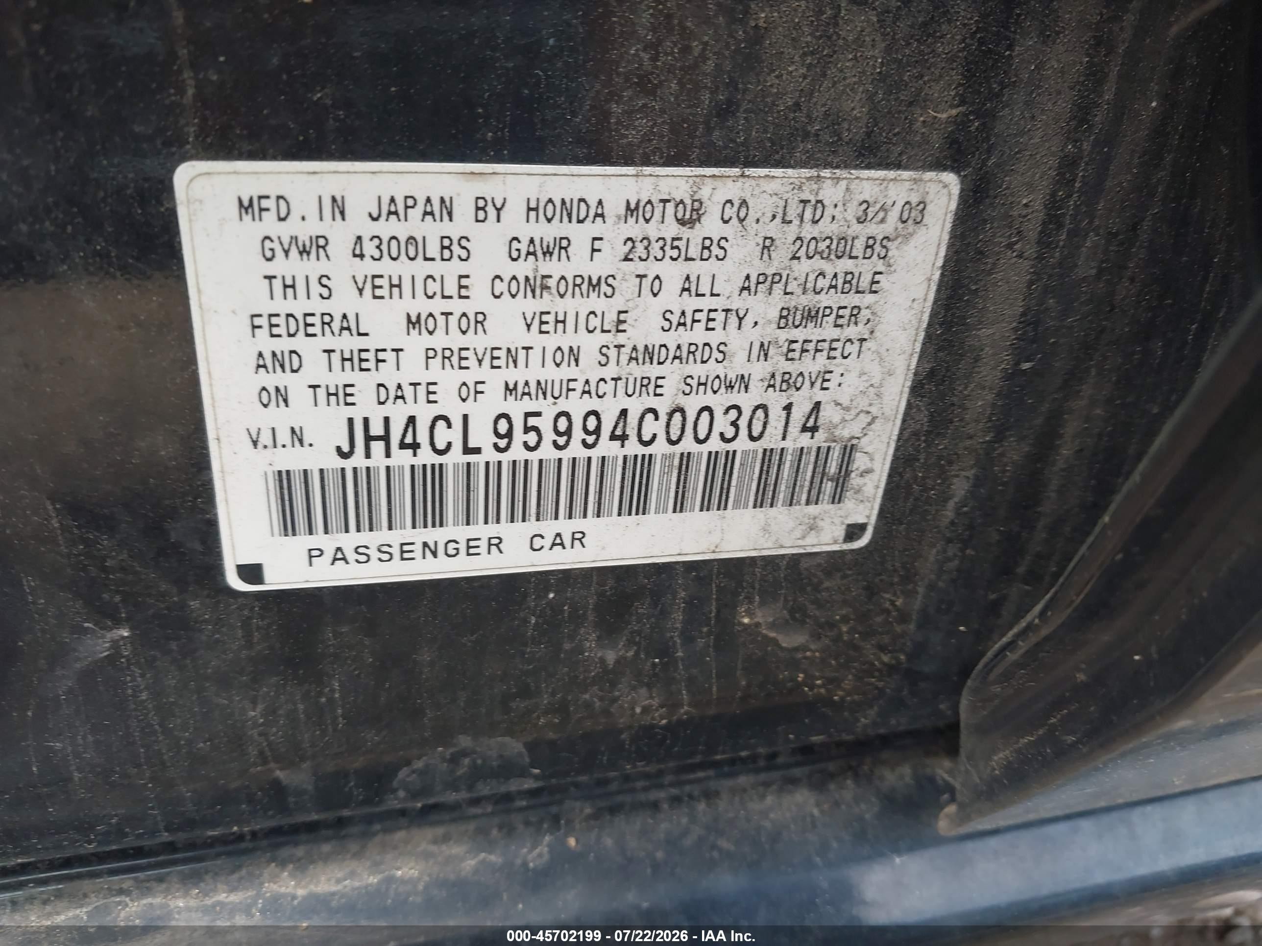 2004 Acura Tsx   Black vin: JH4CL95994C003014