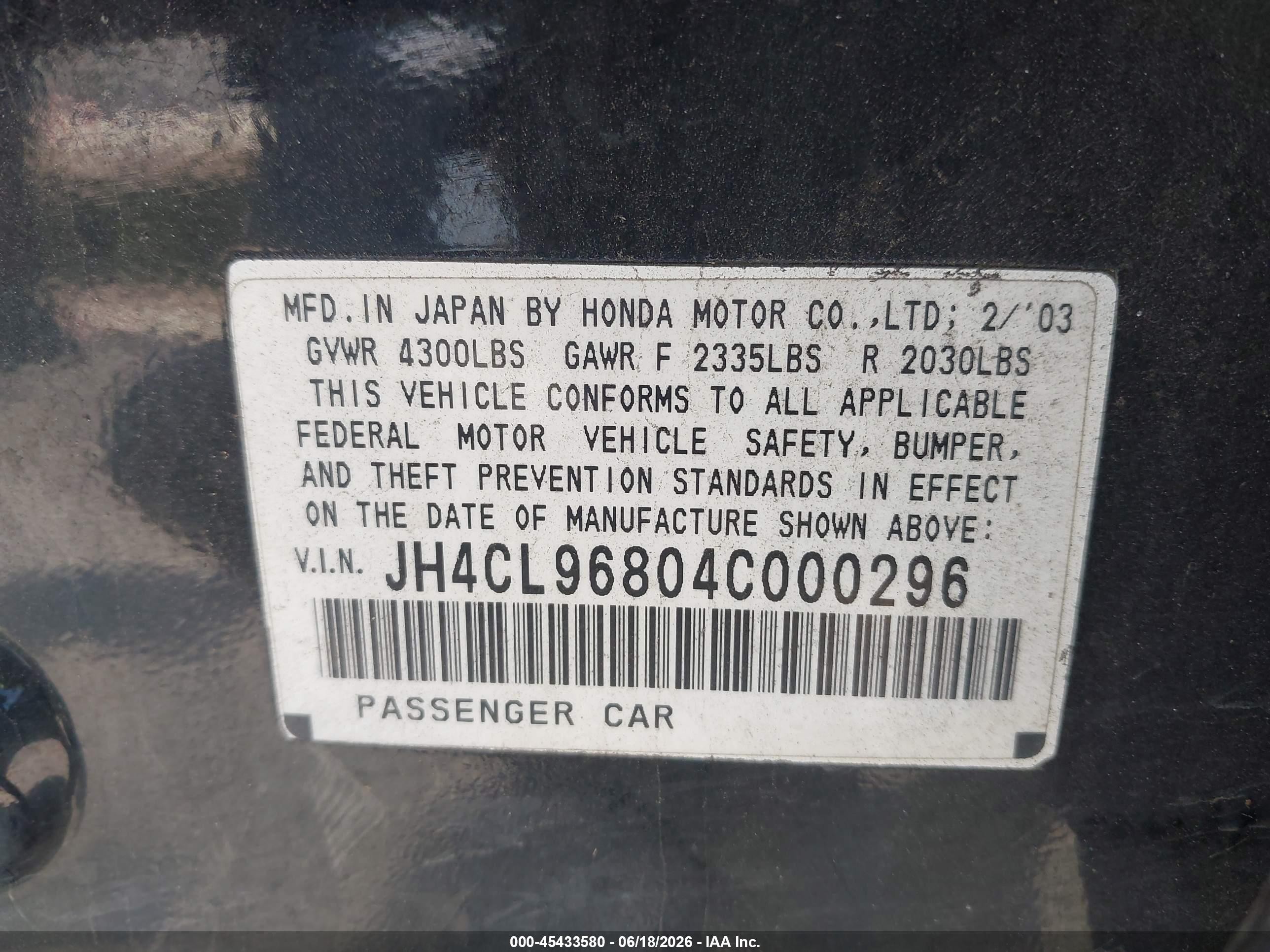 2004 Acura Tsx   Black vin: JH4CL96804C000296