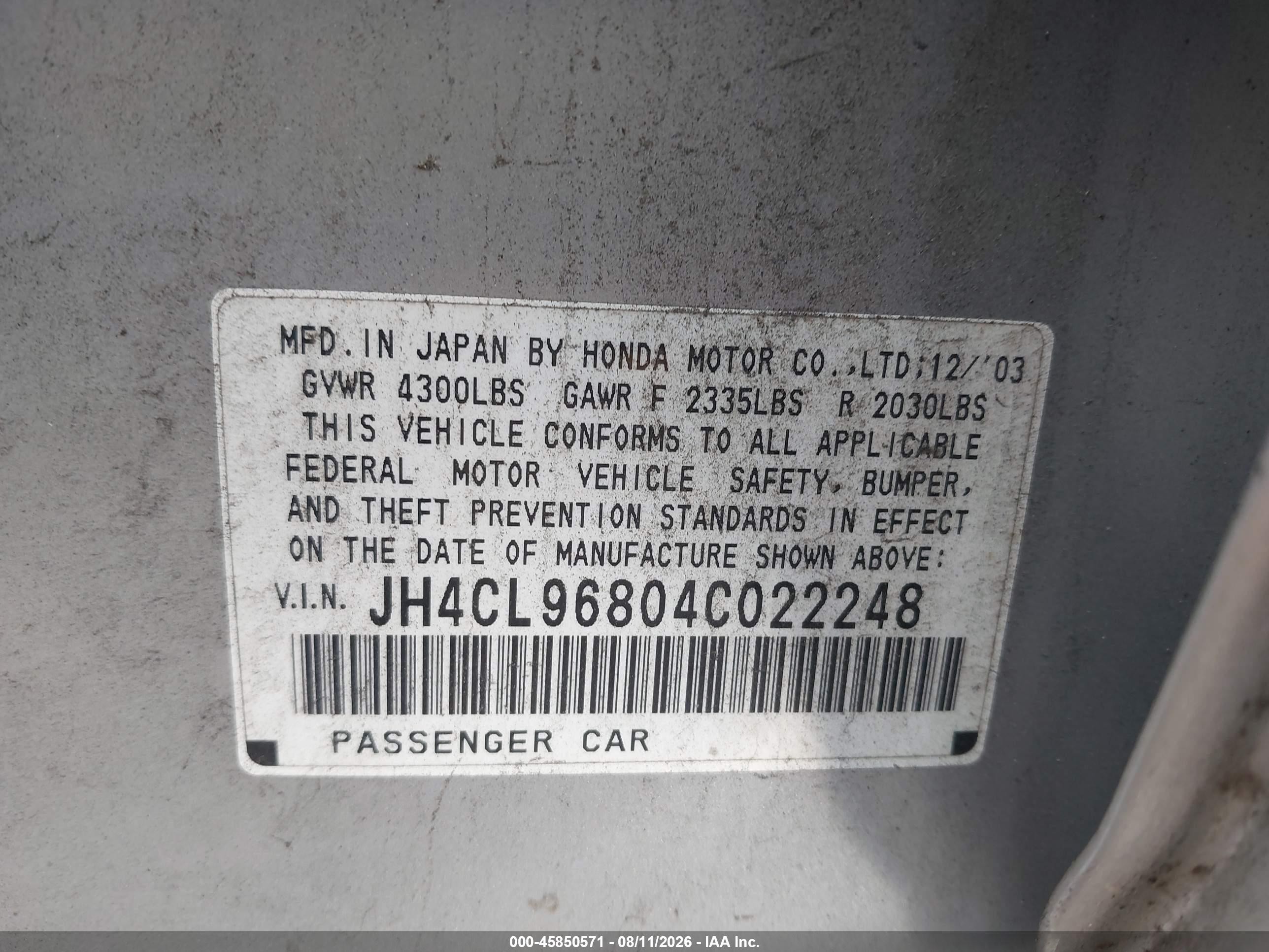 2004 Acura Tsx   Silver vin: JH4CL96804C022248