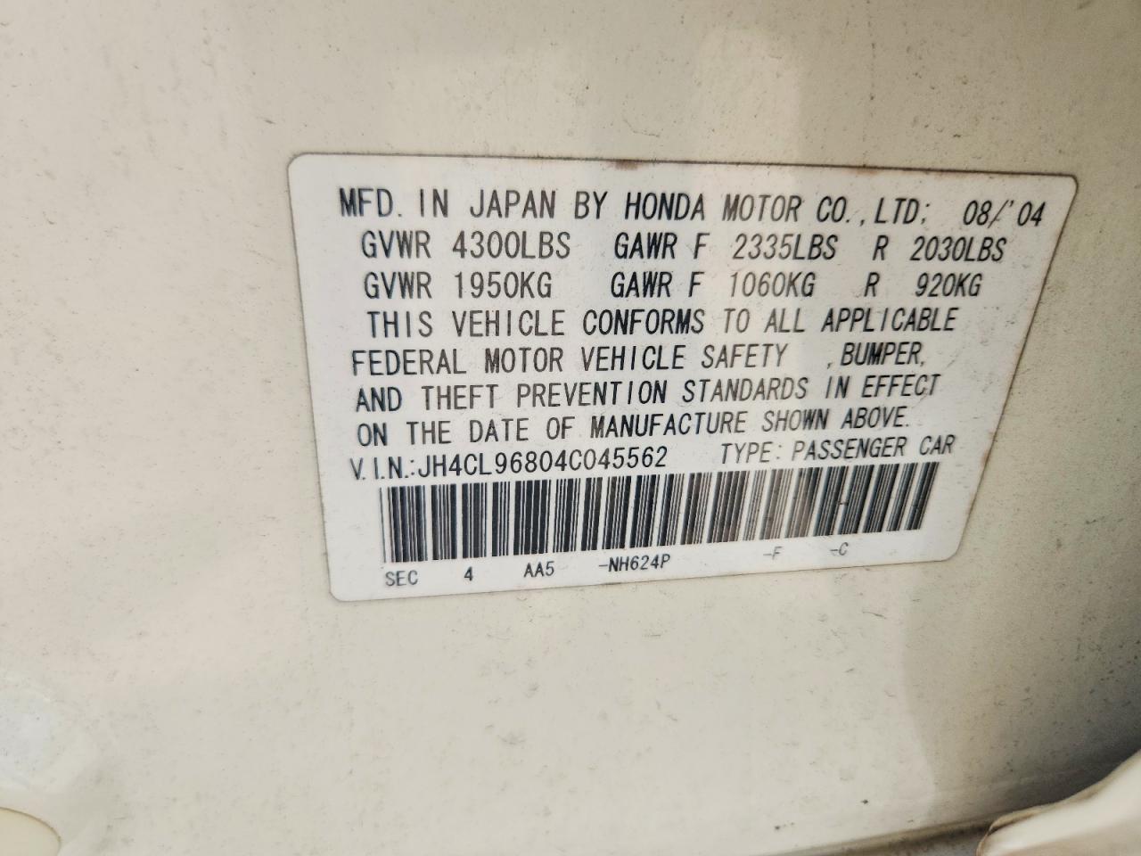 2004 Acura Tsx White vin: JH4CL96804C045562