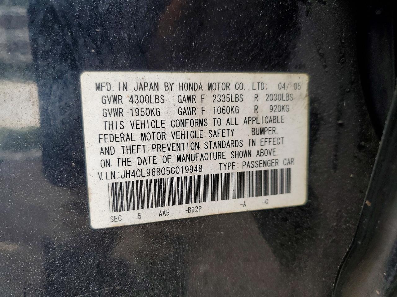 2005 Acura Tsx Black vin: JH4CL96805C019948