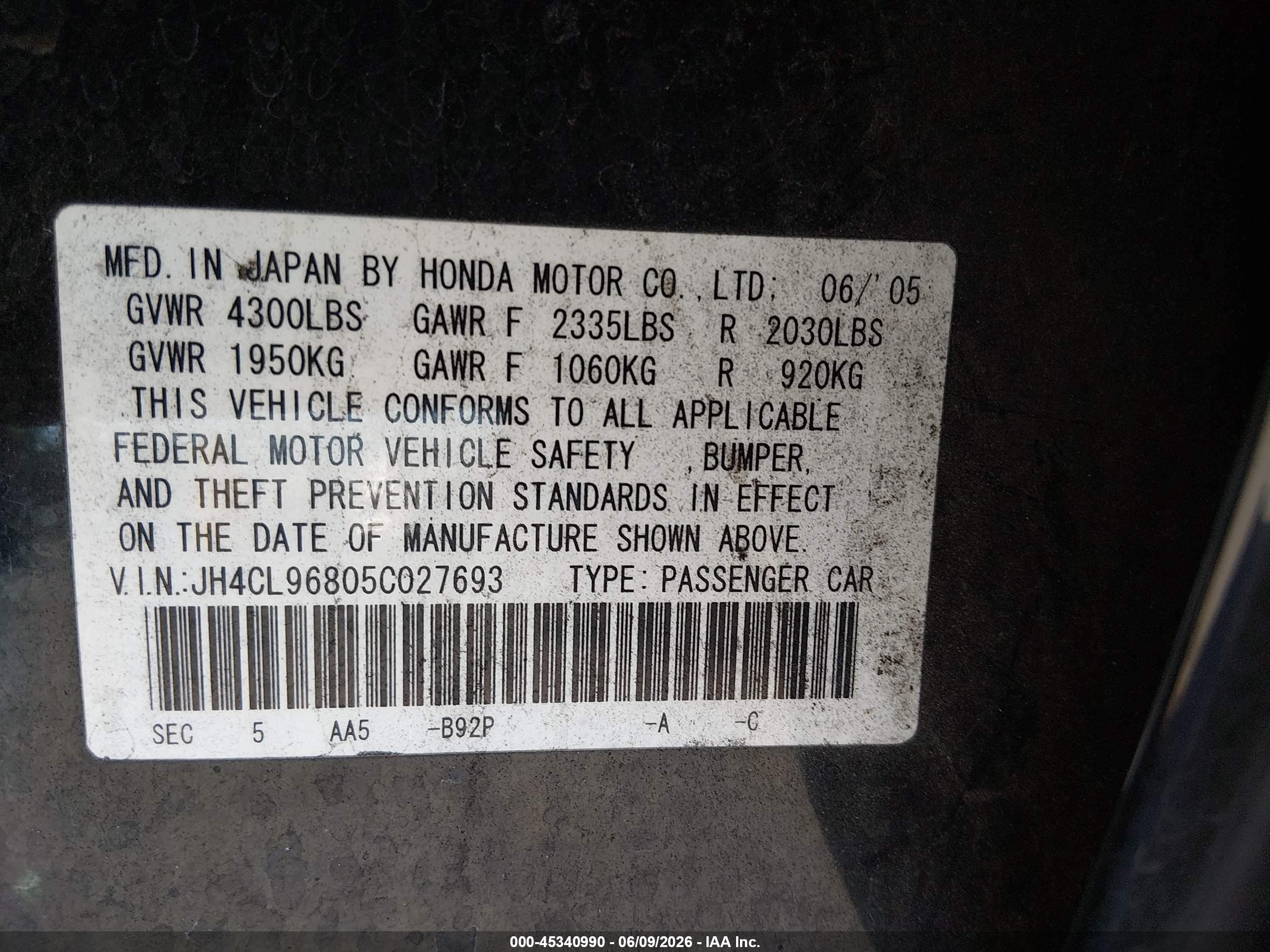 2005 Acura Tsx Black vin: JH4CL96805C027693