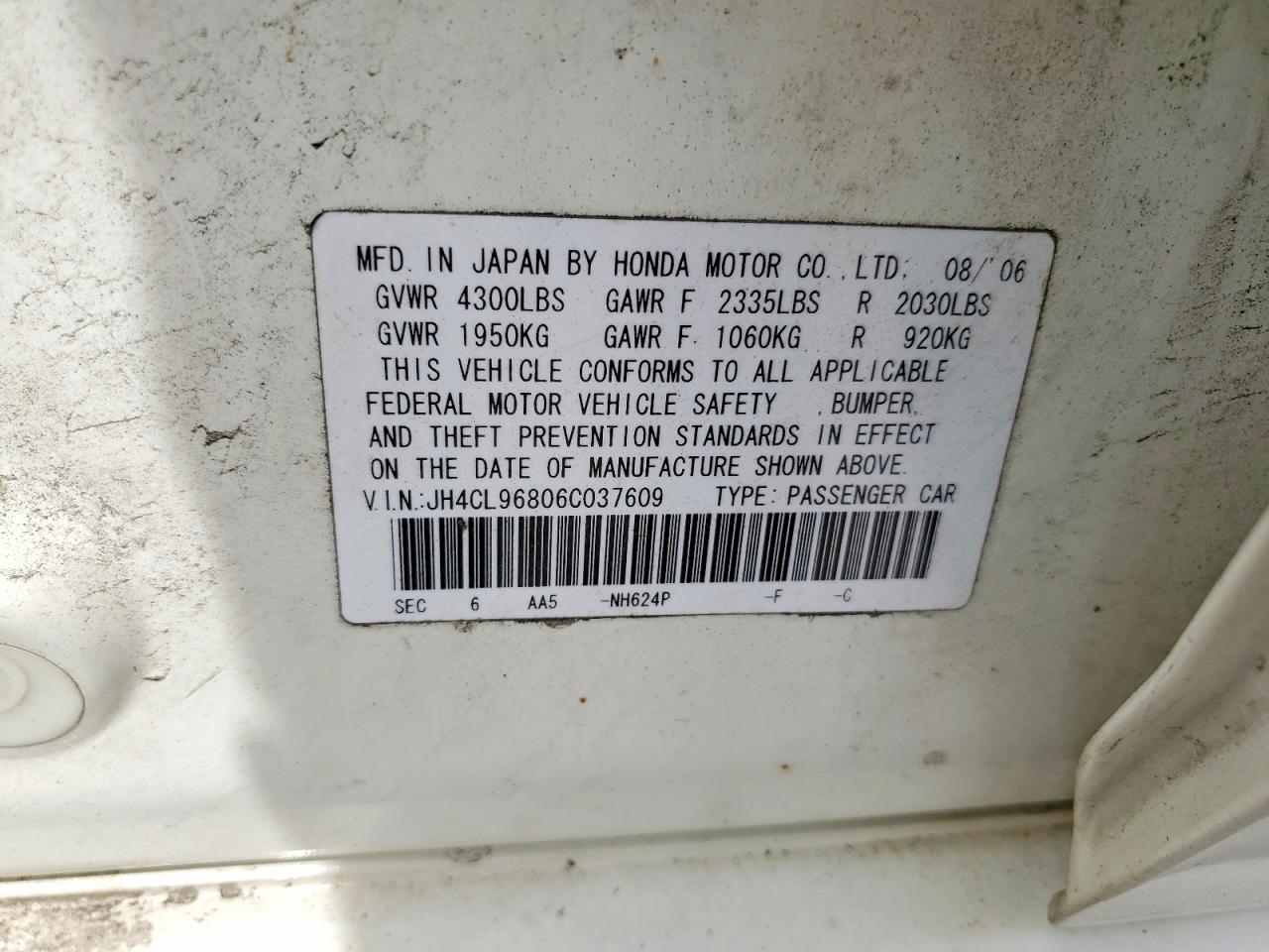 2006 Acura Tsx White vin: JH4CL96806C037609