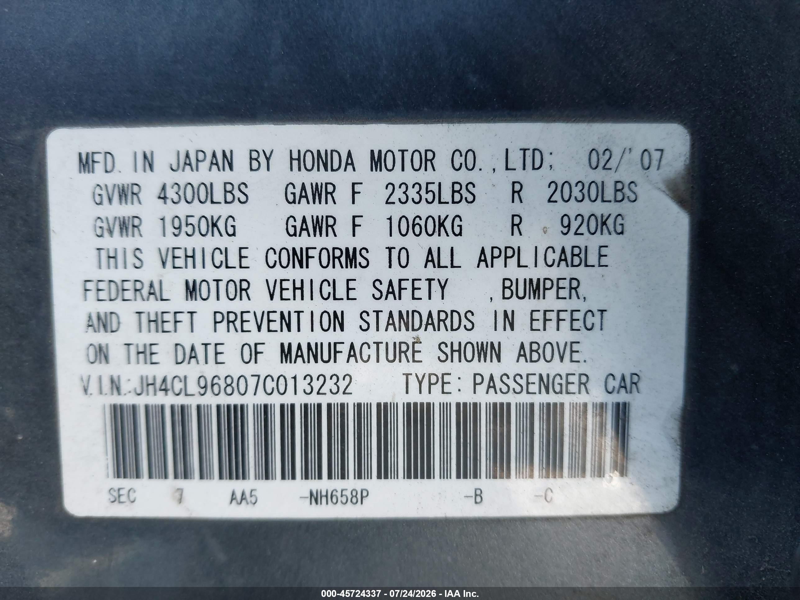 2007 Acura Tsx   Gray vin: JH4CL96807C013232