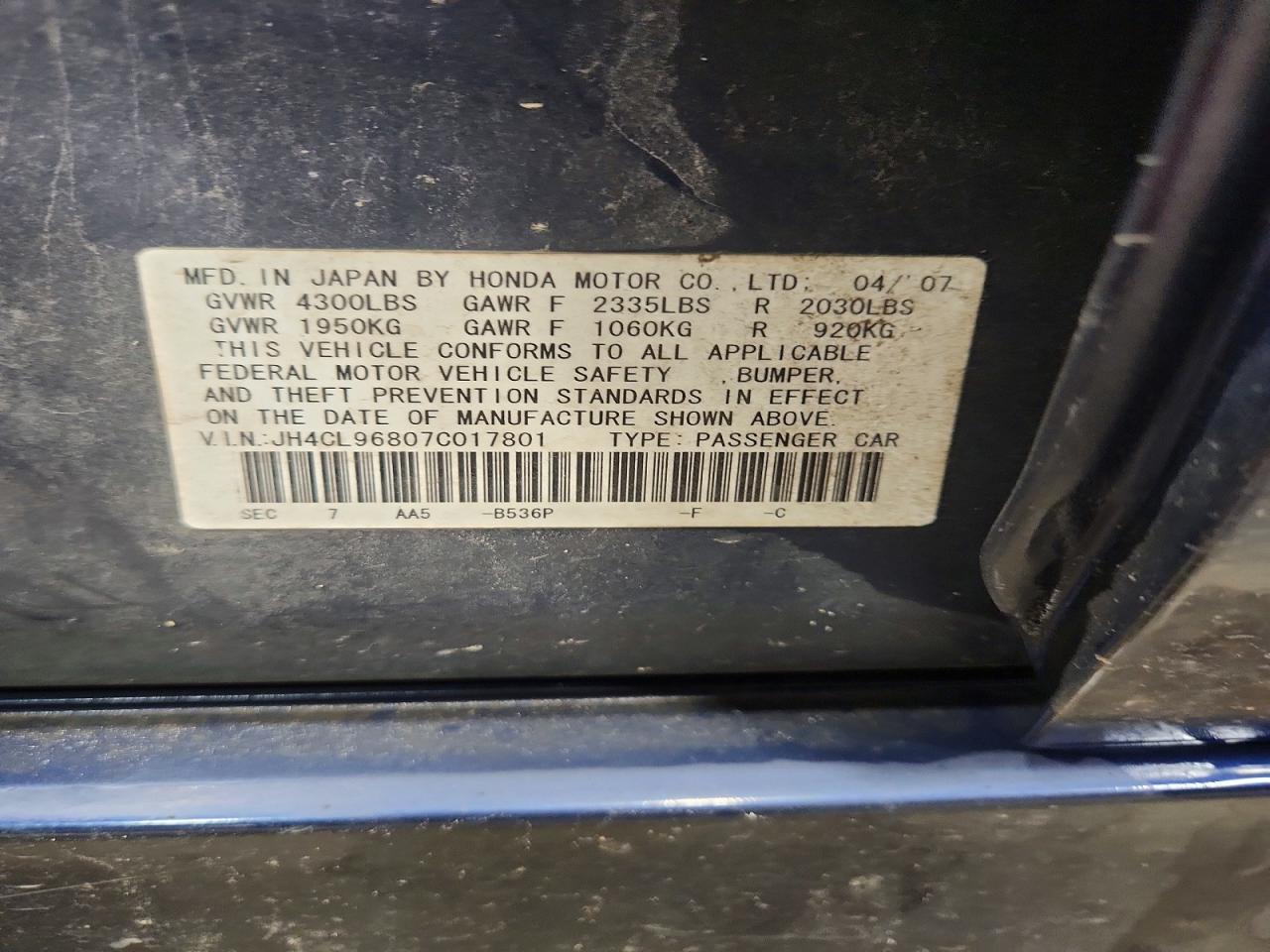 2007 Acura Tsx Blue vin: JH4CL96807C017801