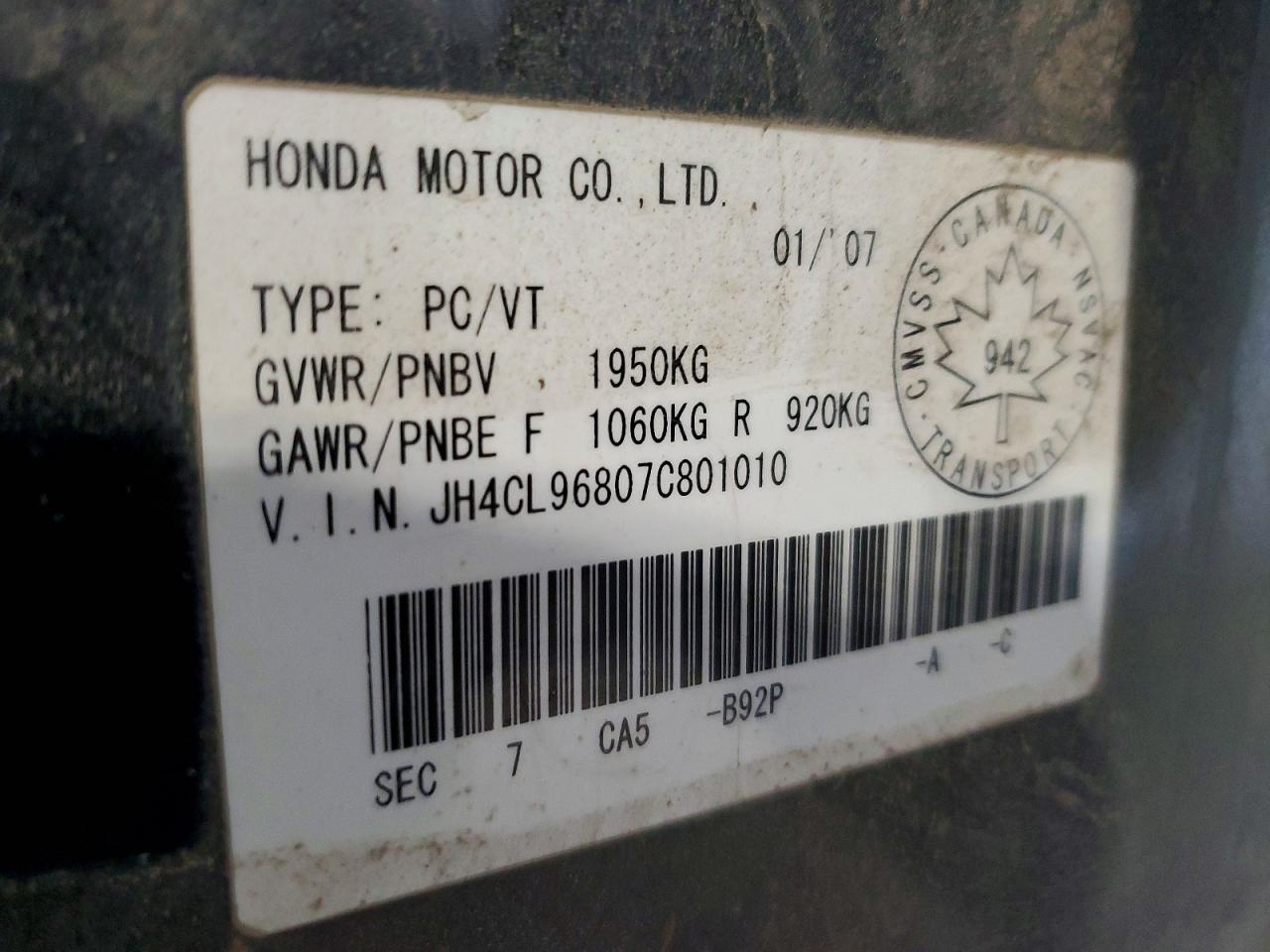 2007 Acura Tsx 4dr Black vin: JH4CL96807C801010