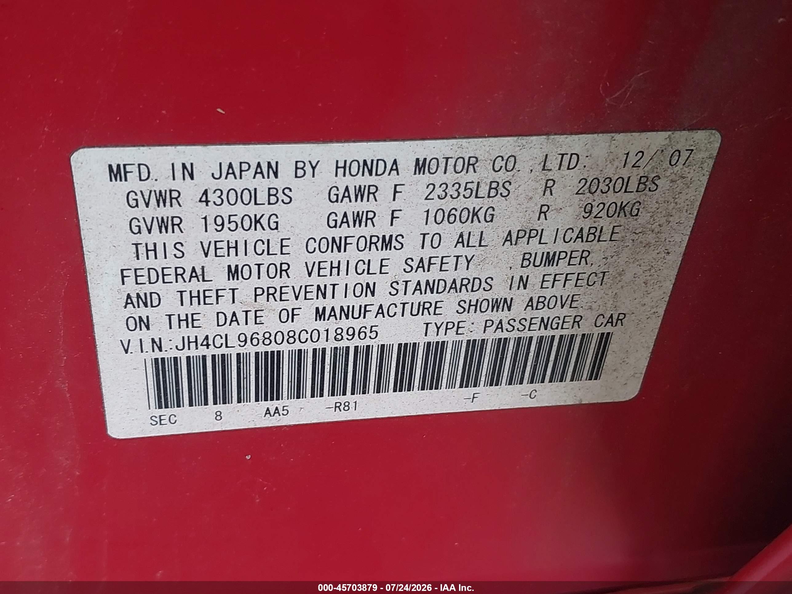 2008 Acura Tsx   Red vin: JH4CL96808C018965