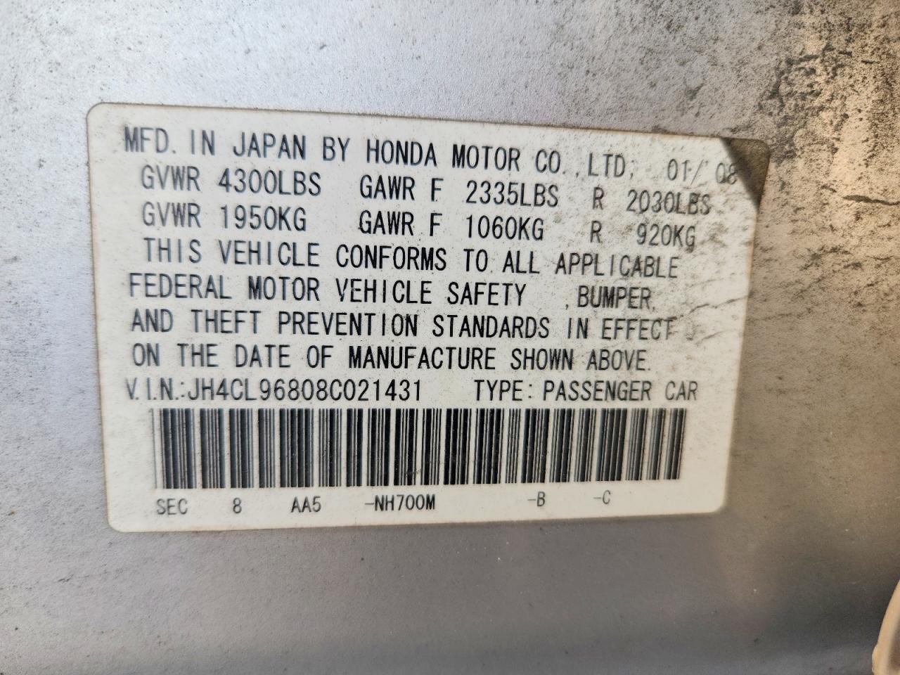 2008 Acura Tsx Silver vin: JH4CL96808C021431