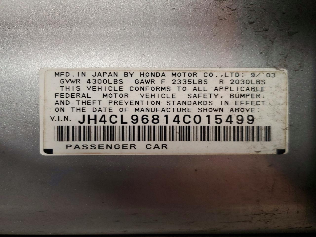 2004 Acura Tsx Silver vin: JH4CL96814C015499