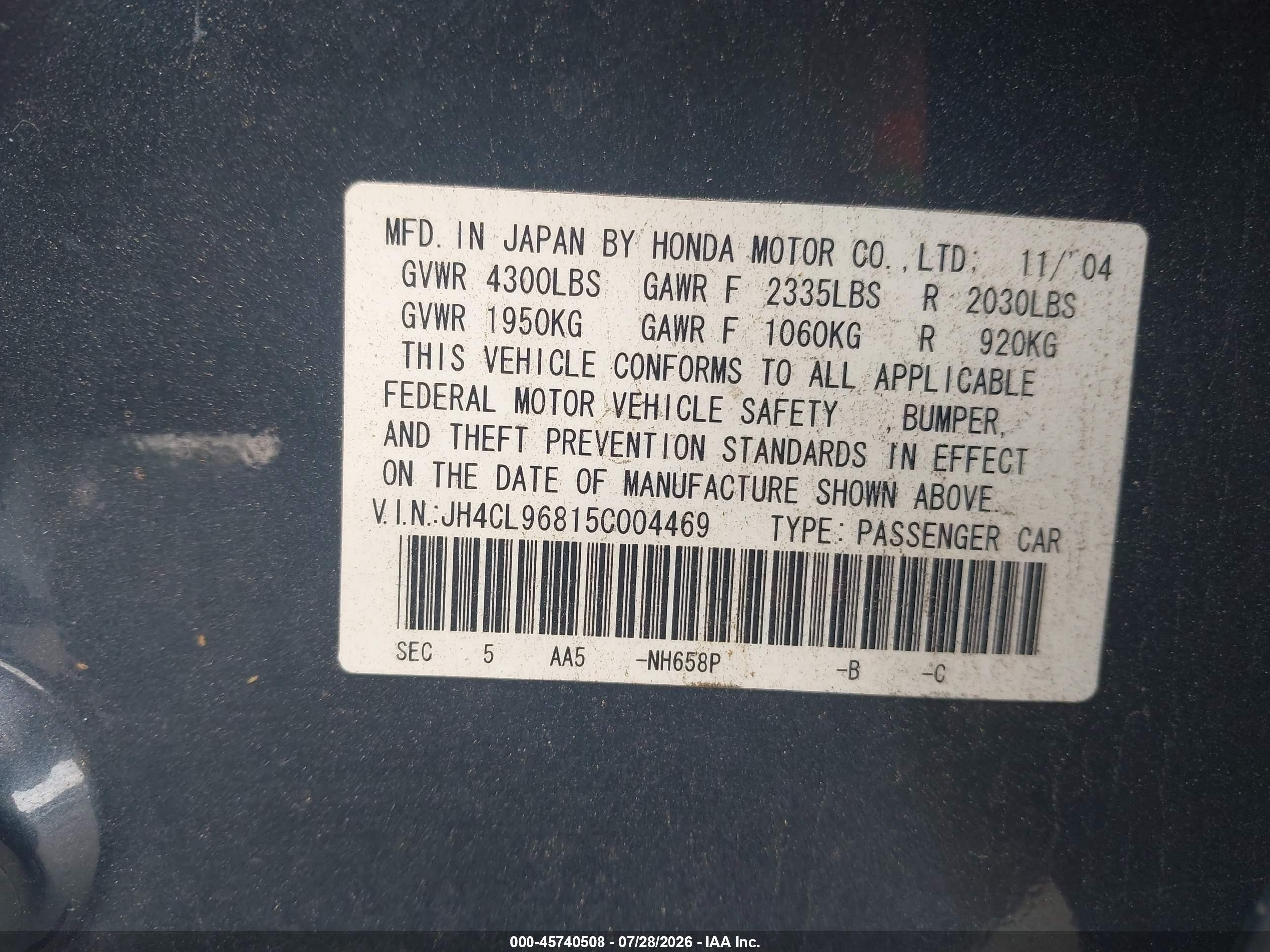 2005 Acura Tsx   Gray vin: JH4CL96815C004469