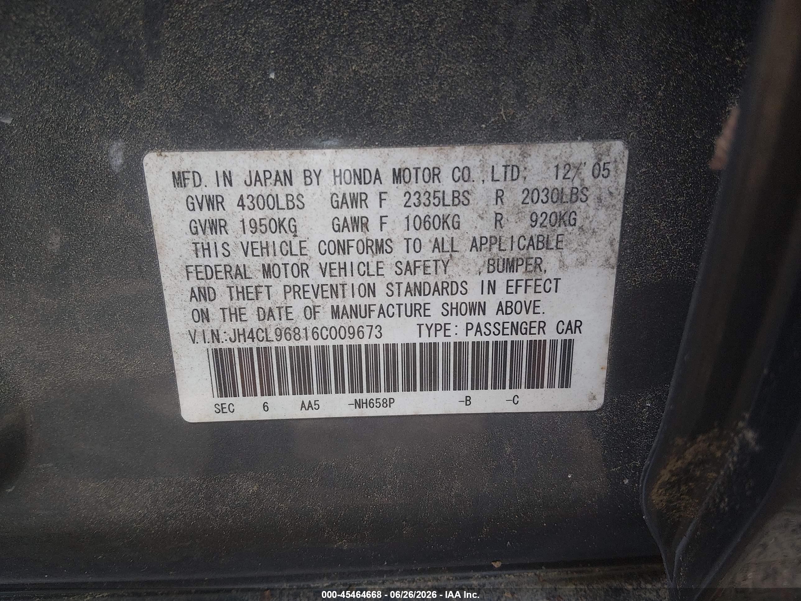 2006 Acura Tsx   Gray vin: JH4CL96816C009673