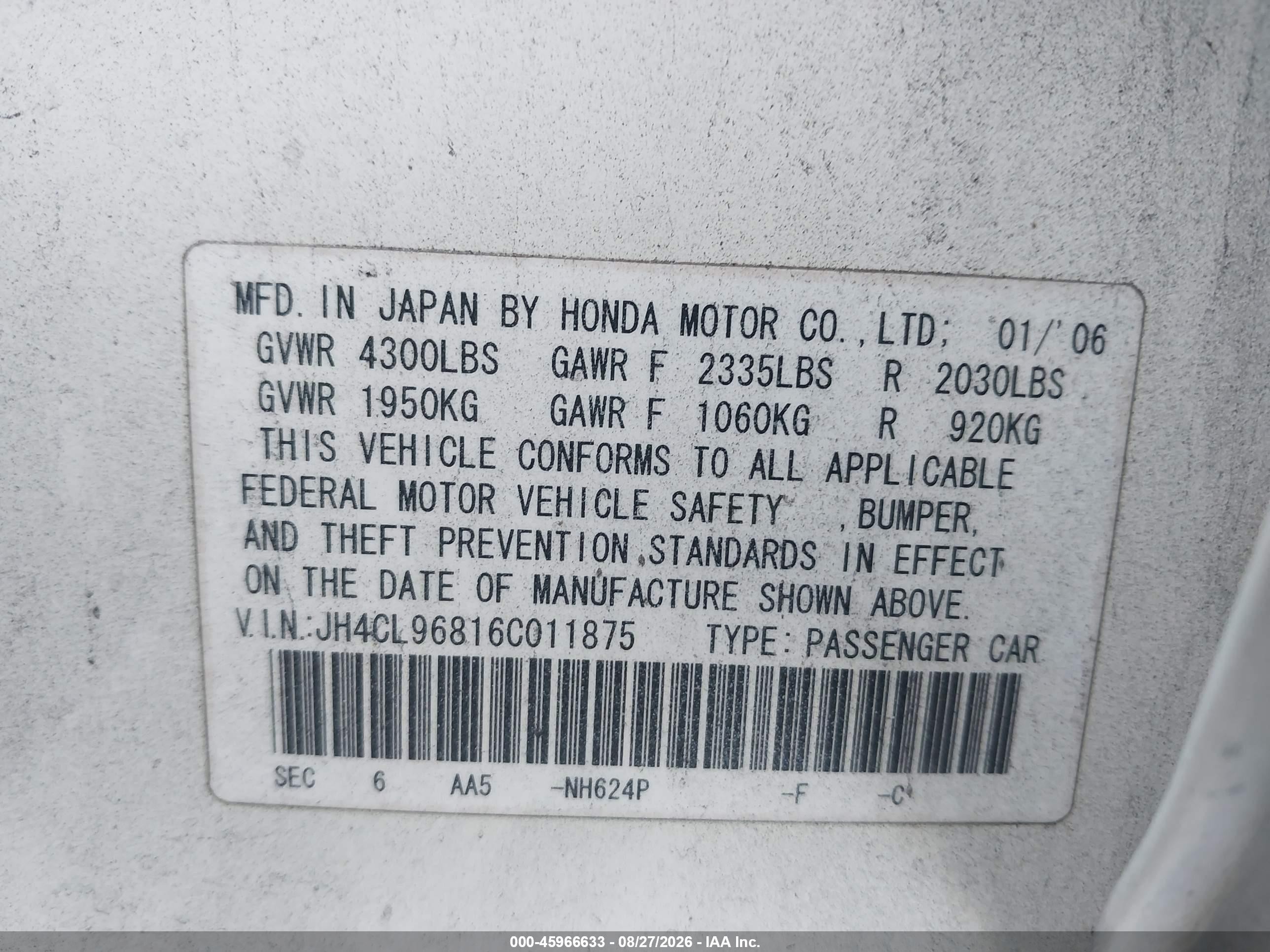 2006 Acura Tsx   White vin: JH4CL96816C011875