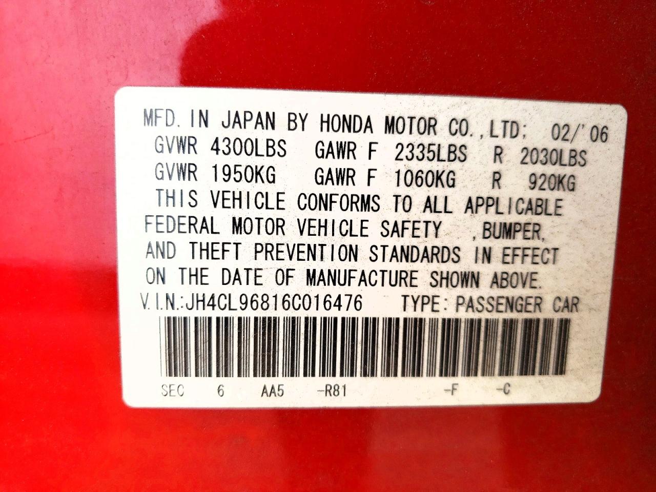2006 Acura Tsx Red vin: JH4CL96816C016476
