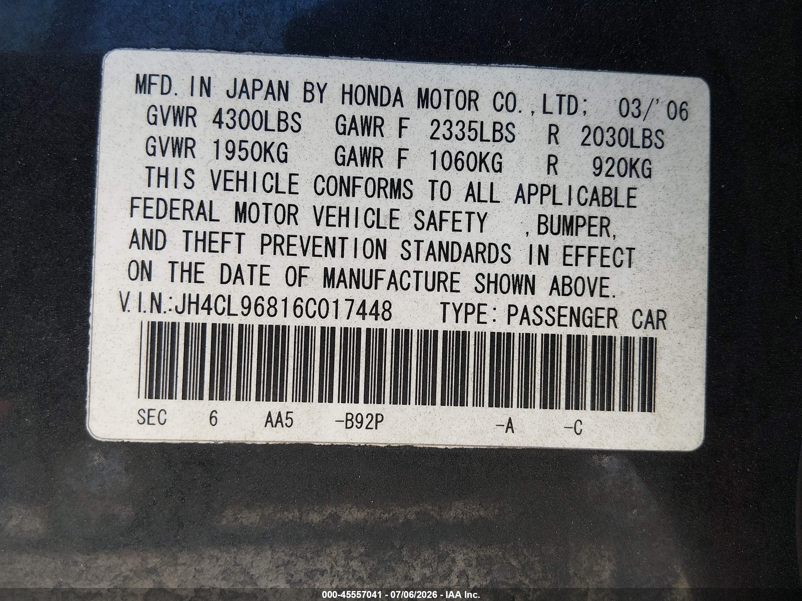 2006 Acura Tsx   Black vin: JH4CL96816C017448