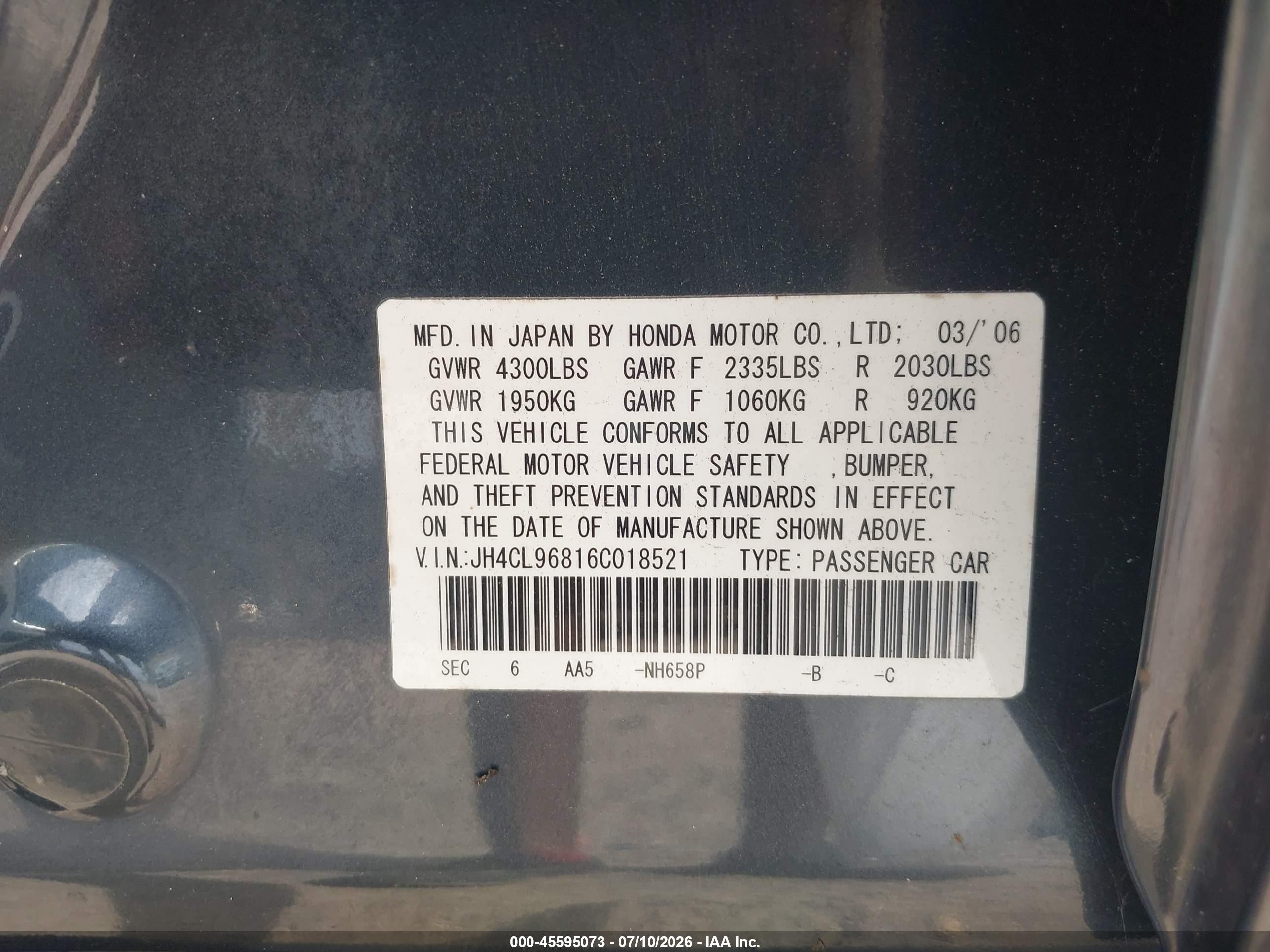 2006 Acura Tsx   Gray vin: JH4CL96816C018521