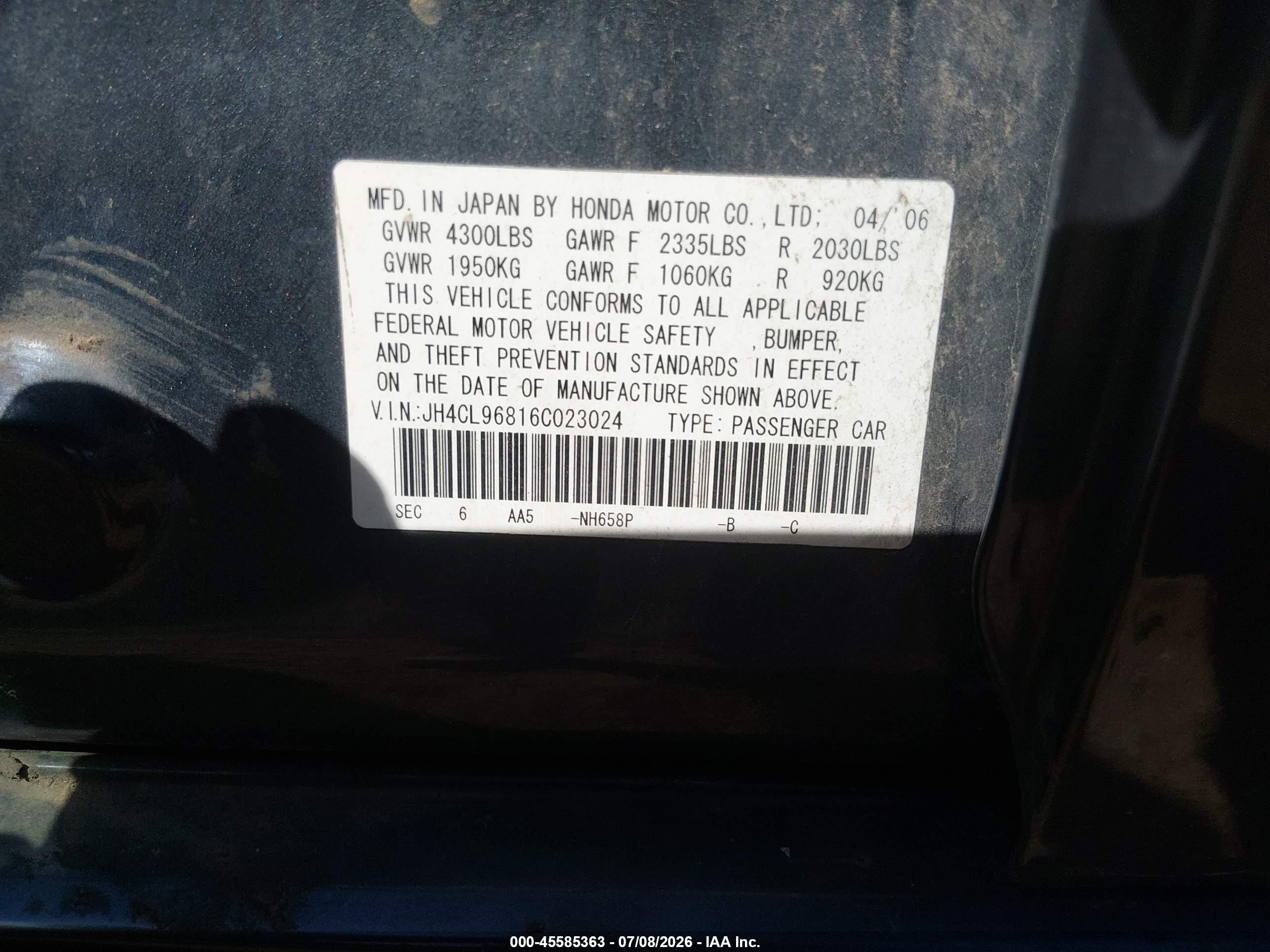 2006 Acura Tsx   Gray vin: JH4CL96816C023024