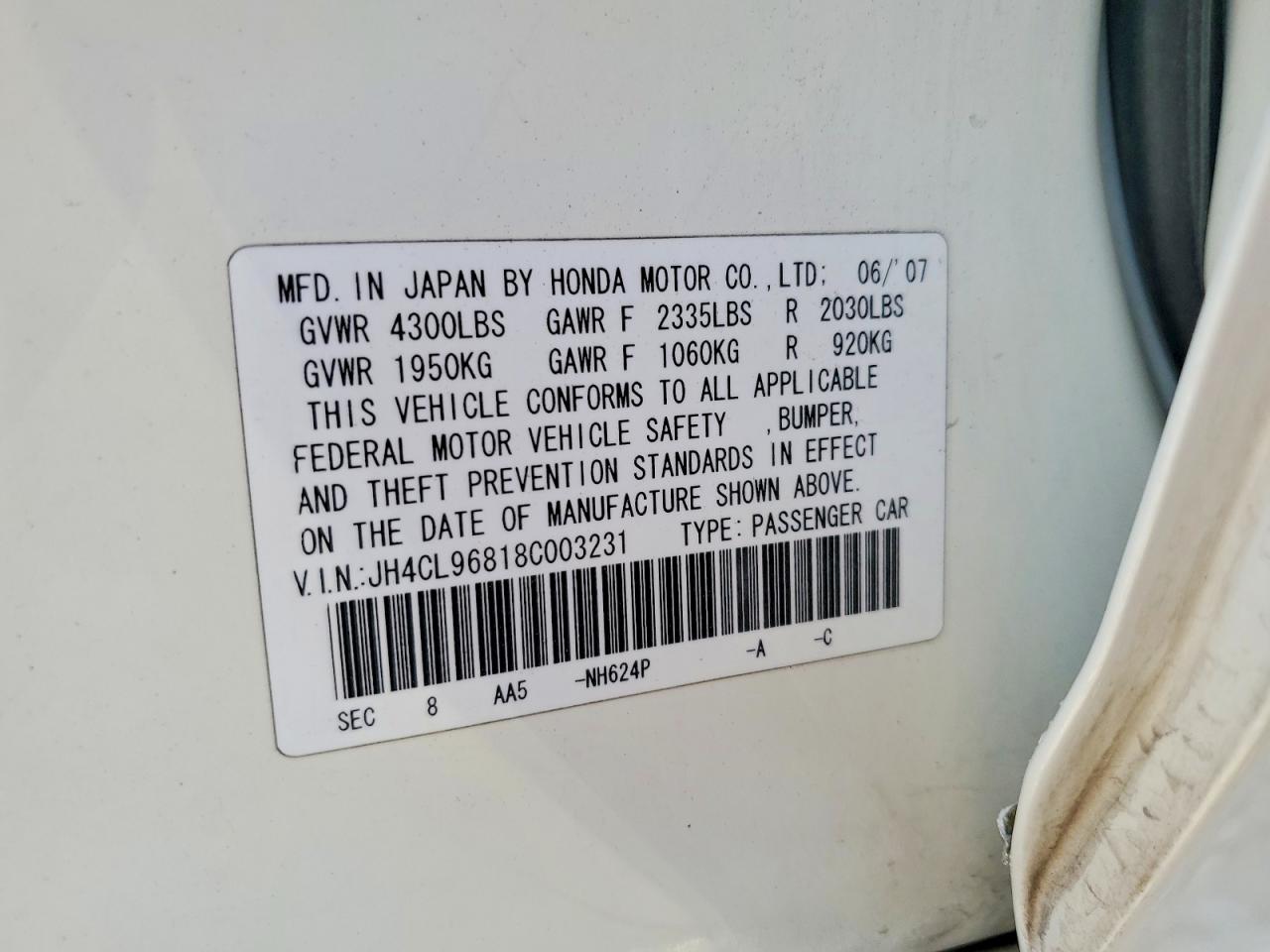2008 Acura Tsx White vin: JH4CL96818C003231