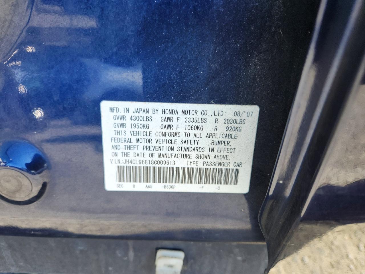 2008 Acura Tsx Blue vin: JH4CL96818C009613