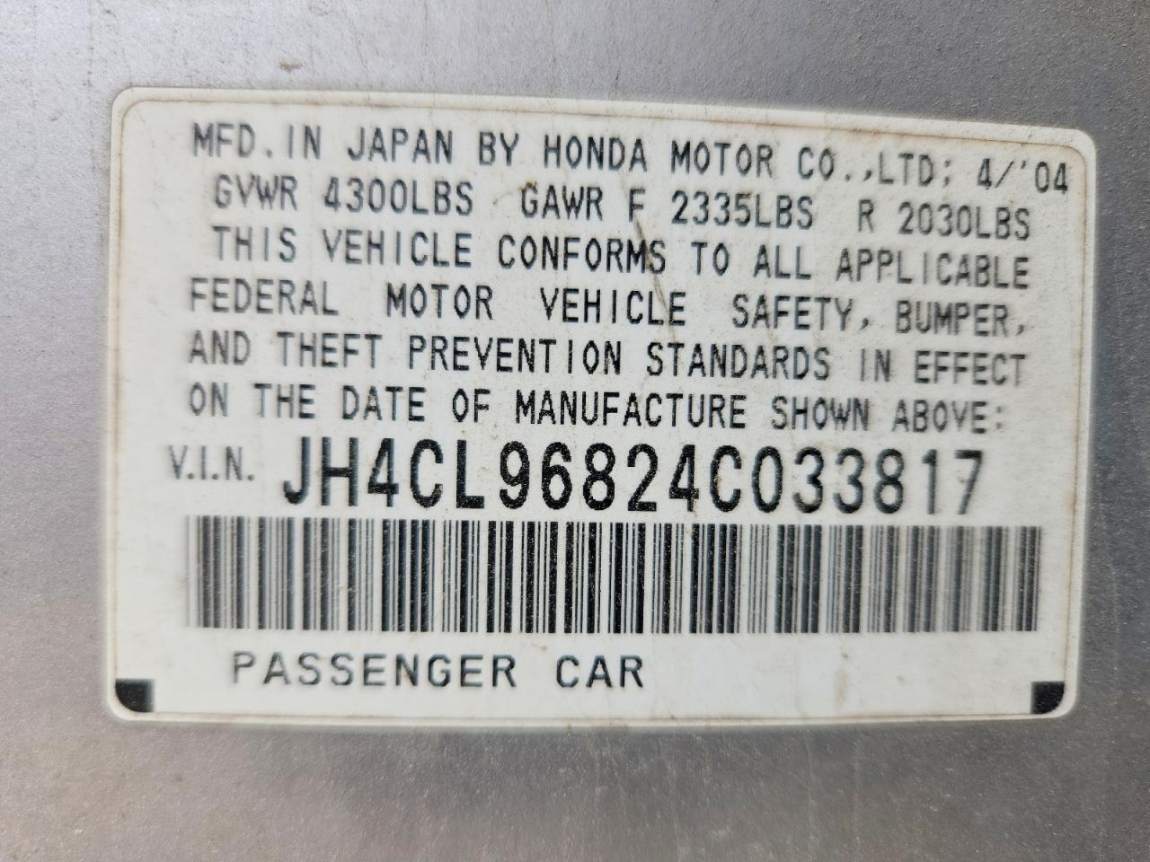 2004 Acura Tsx Silver vin: JH4CL96824C033817