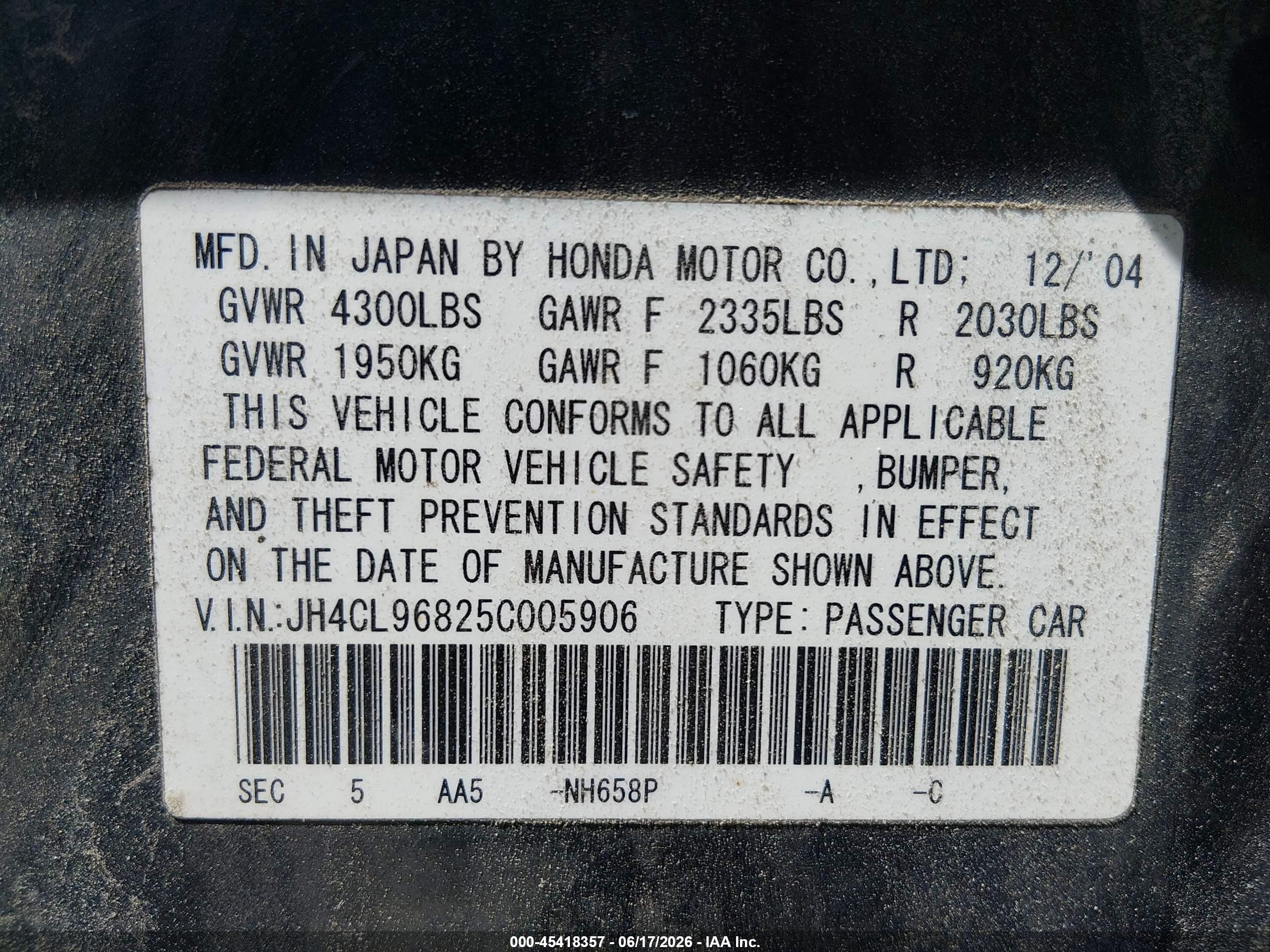 2005 Acura Tsx   Gray vin: JH4CL96825C005906